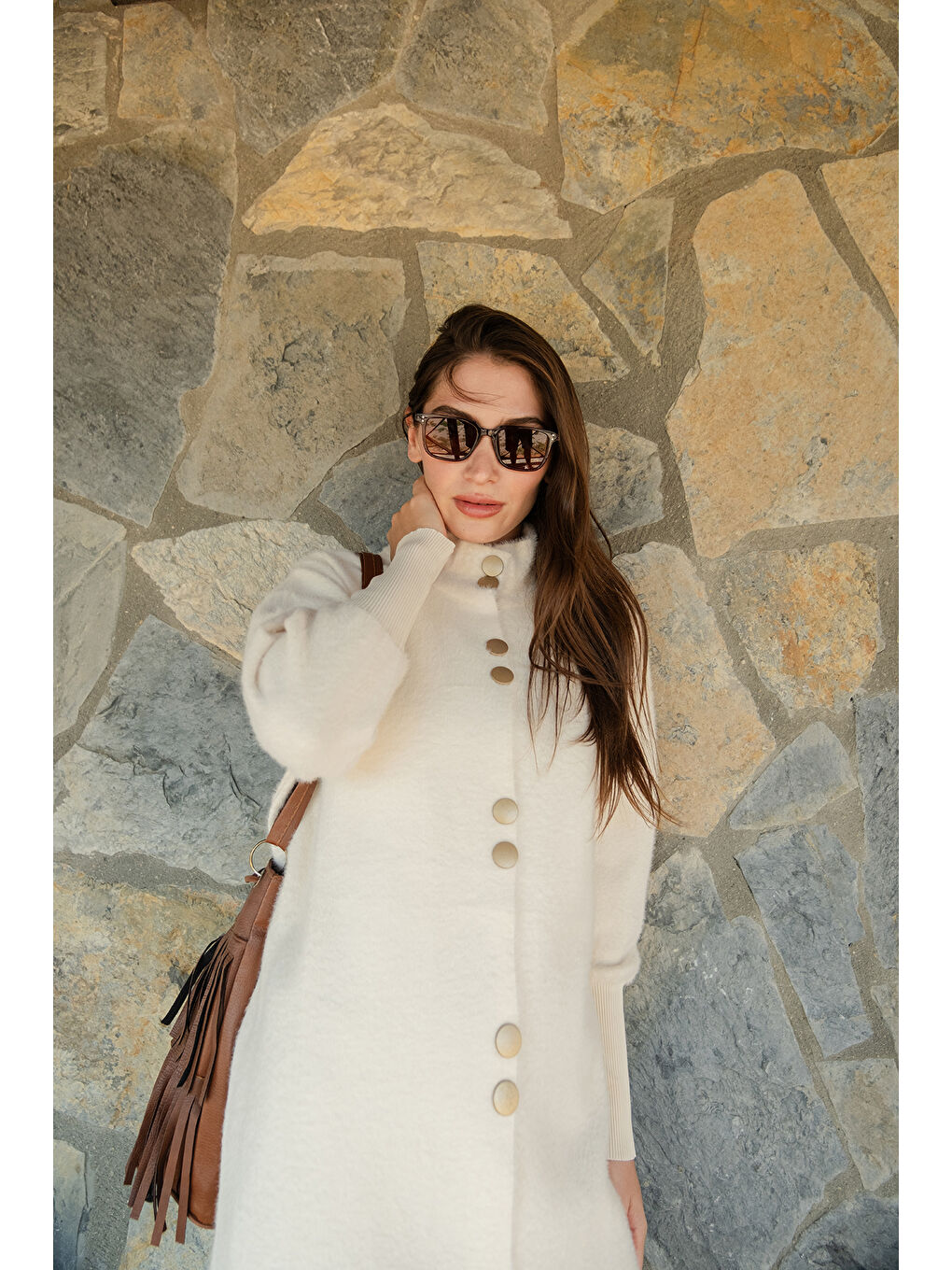 Kadın Düğmeli Triko Ceket Bej-3