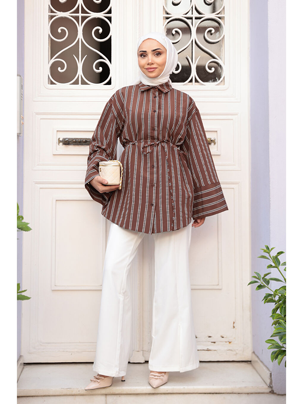 Kadın Siyah Çizgili Balon Kol Gömlek Kahverengi-2