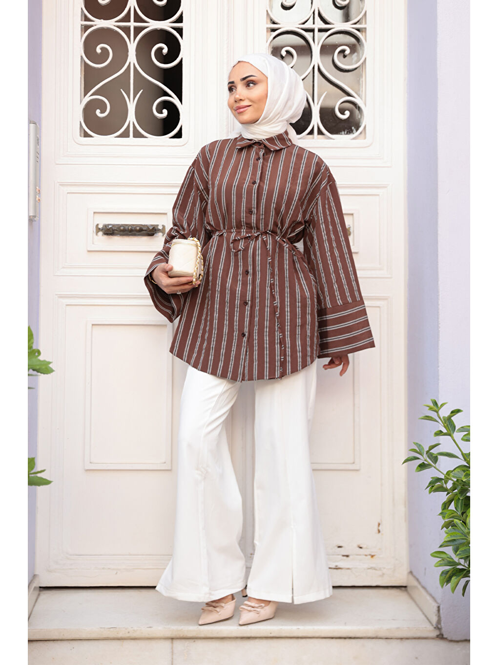 Kadın Siyah Çizgili Balon Kol Gömlek Kahverengi-3