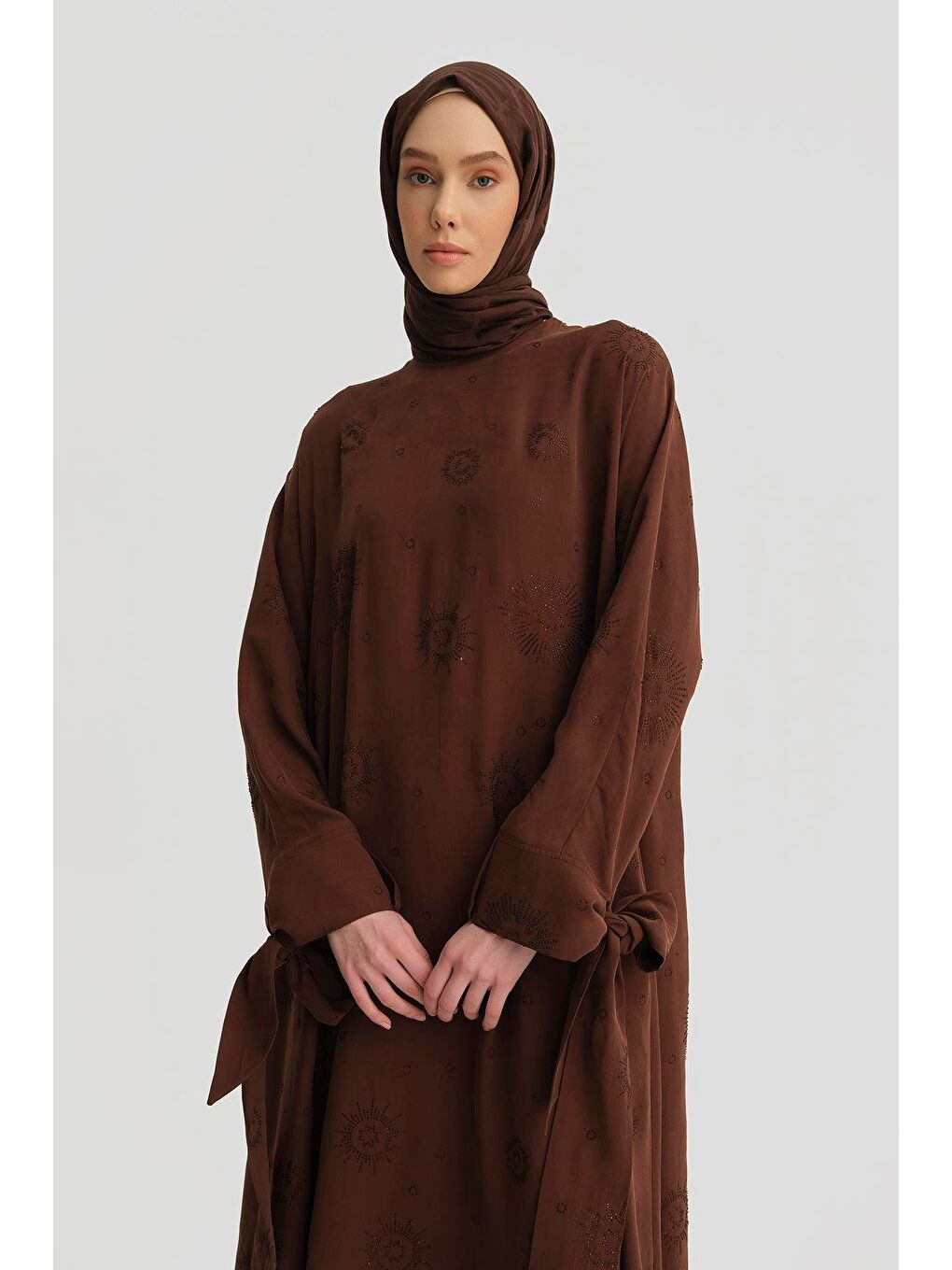 Kahverengi Taş İşlemeli Elbise 25Y9014 Açık Kahve-2