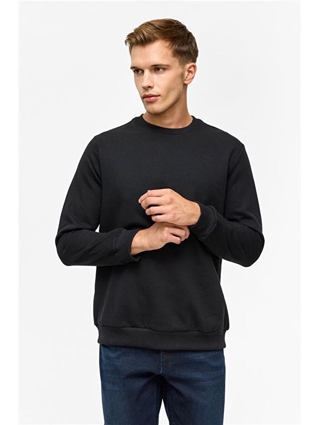 Siyah Regular Düz Bisiklet Yaka Sweatshirt-1