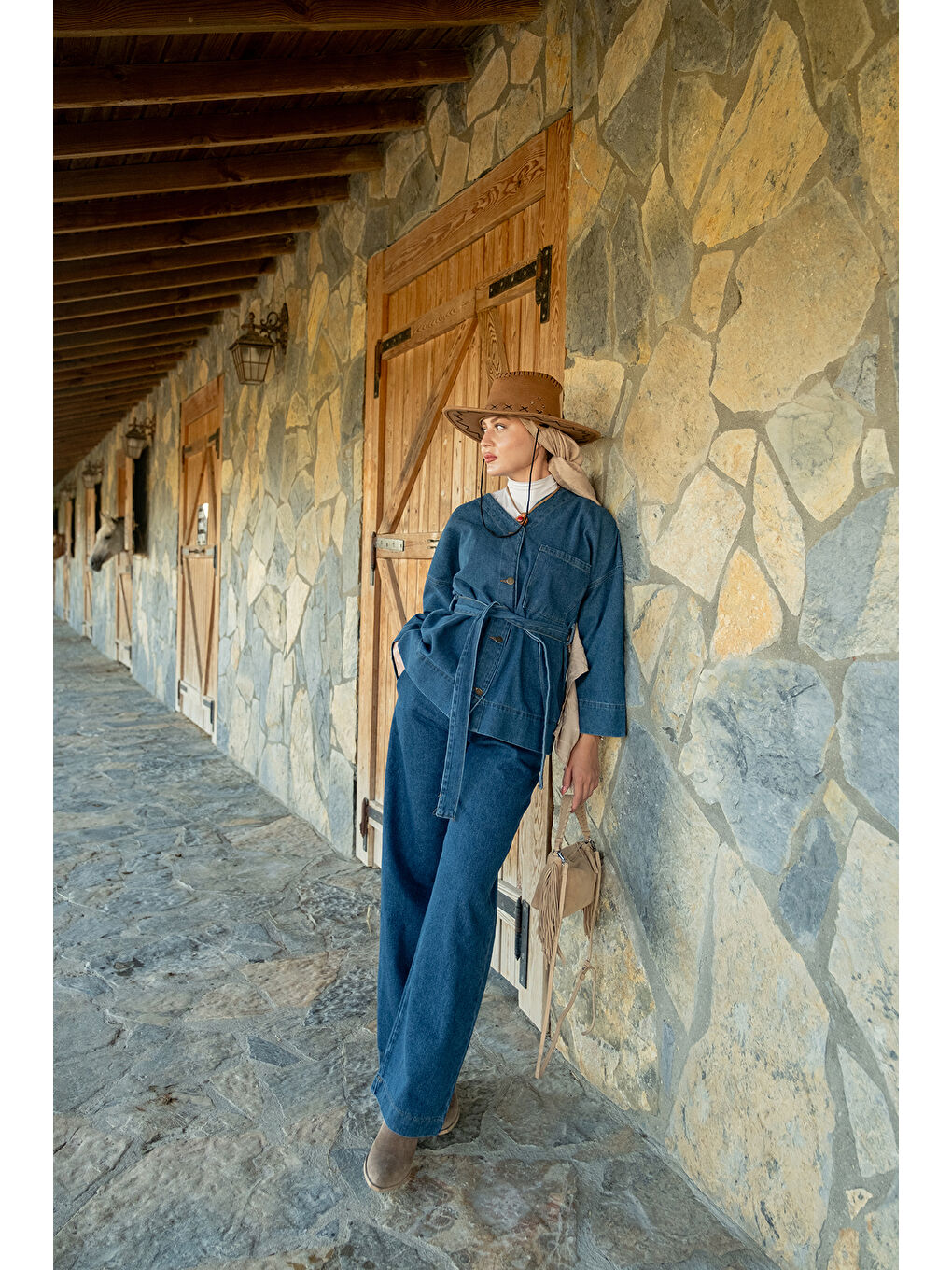 Kadın Kemerli Jean Takım Koyu Mavi-3