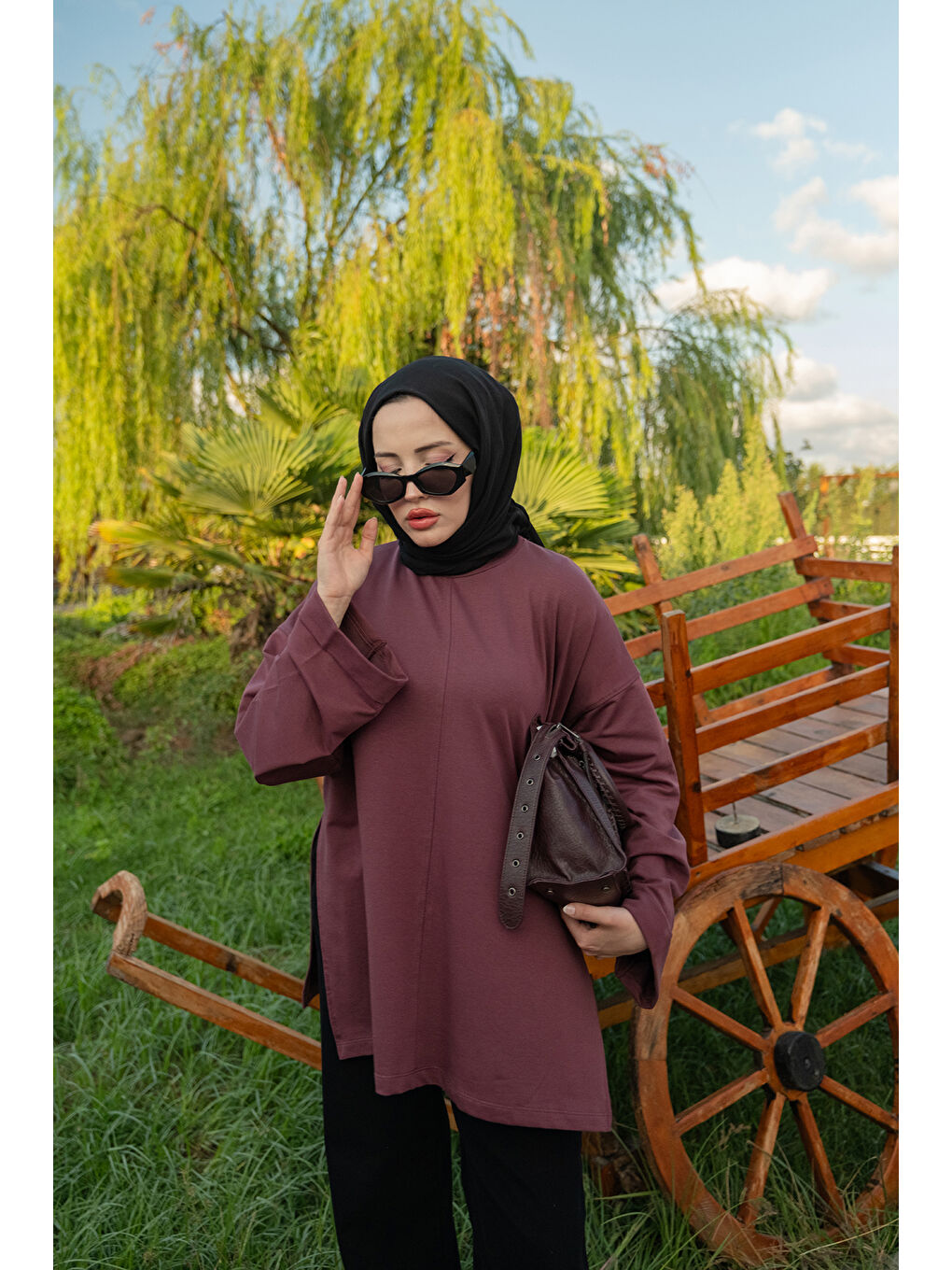 Mor Kadın Dikiş Detaylı Yırtmaçlı Tunik Vişne Çürüğü-3