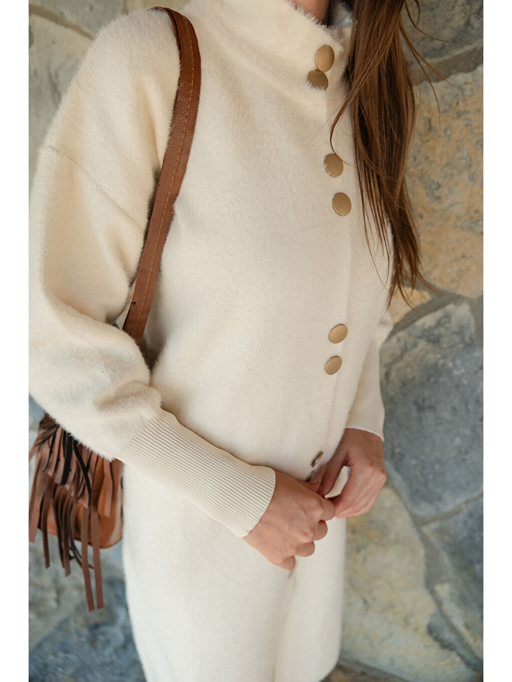 Kadın Düğmeli Triko Ceket Bej-4