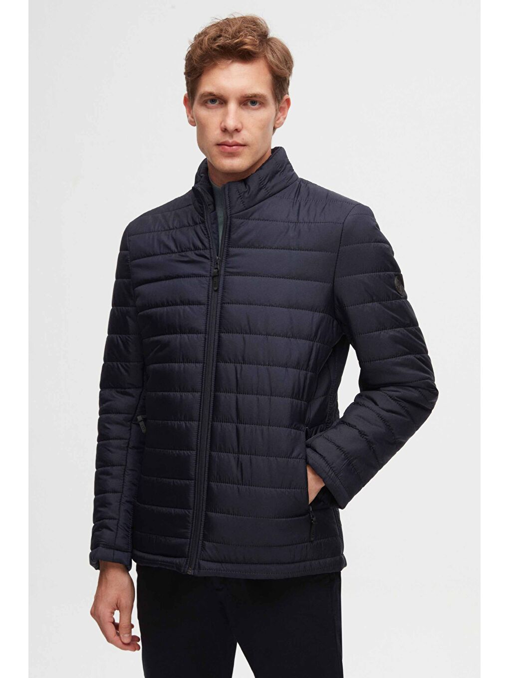 Slim Fit Lacivert Rüzgar Geçirmez Elyaf Dolgulu Şişme Mont