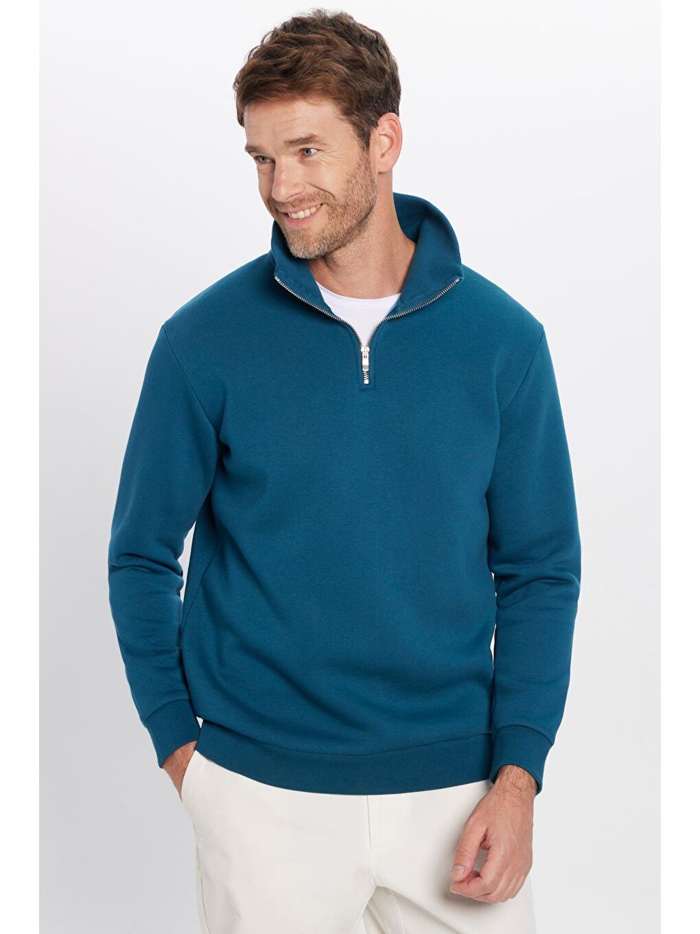 Unisex Relax Fit Rahat Kesim Pamuklu İçi Polarlı Yarım Fermuarlı İndigo Dik Yaka Sweatshirt-1