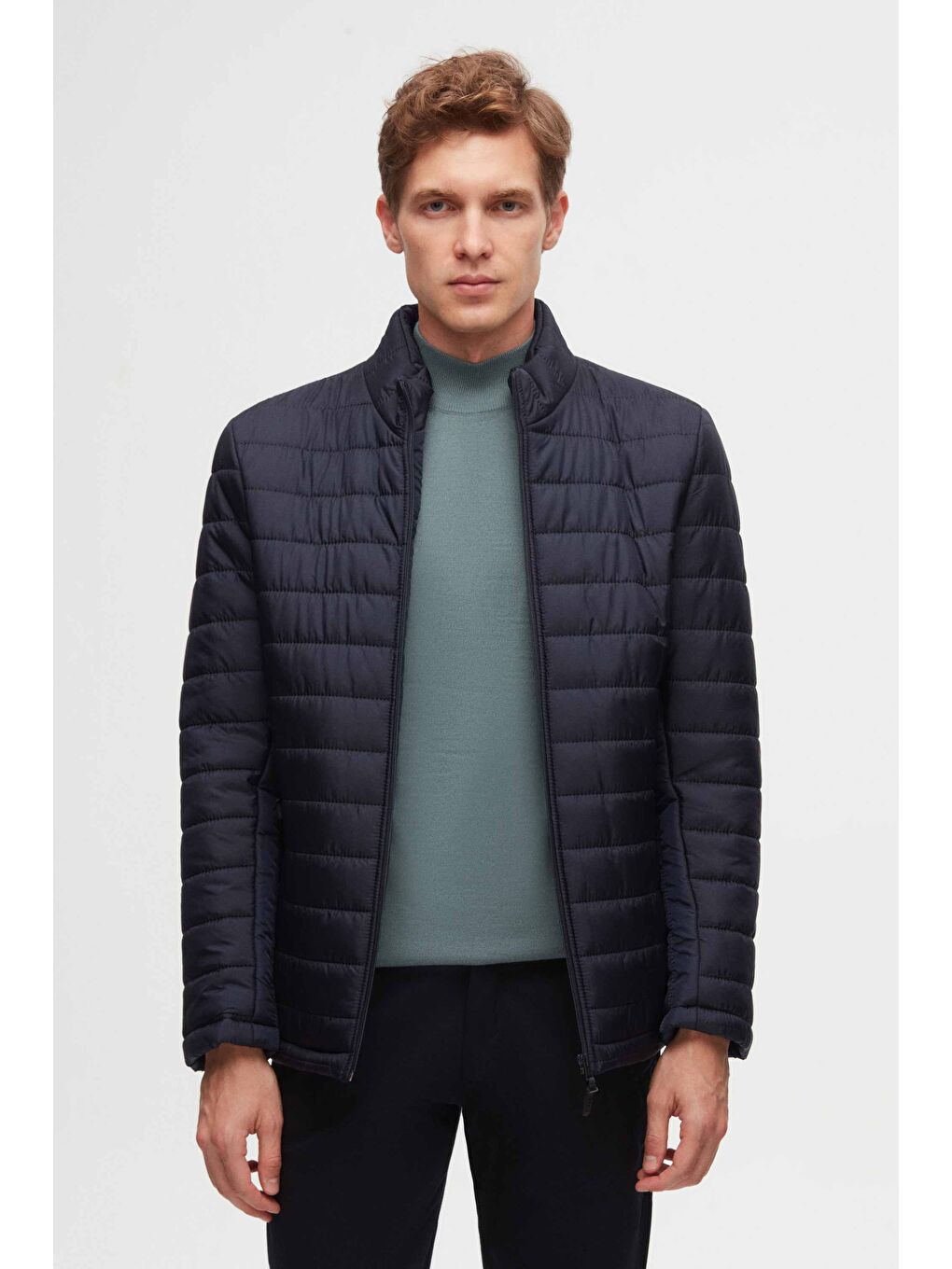 Slim Fit Lacivert Rüzgar Geçirmez Elyaf Dolgulu Şişme Mont-1