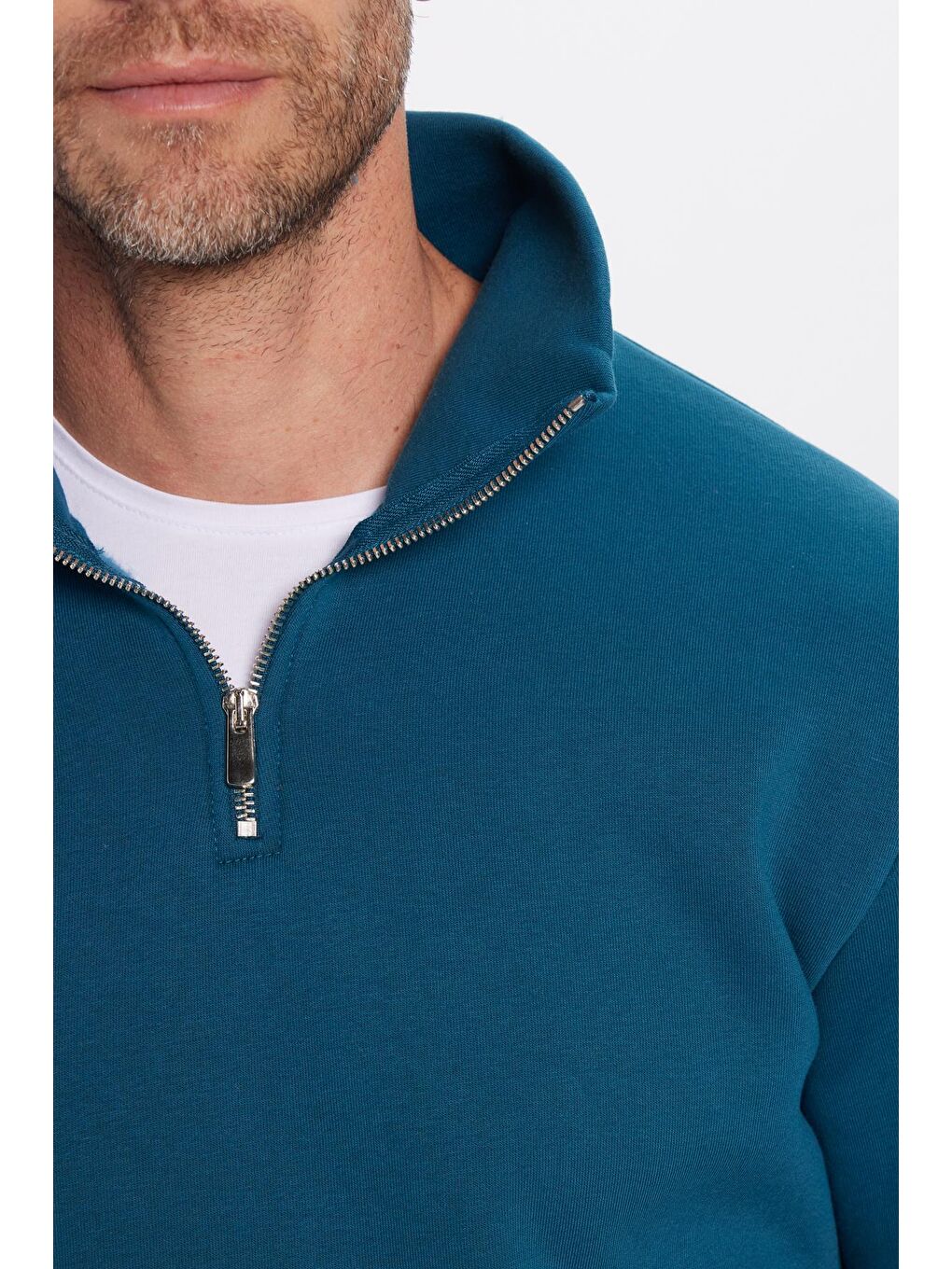 Unisex Relax Fit Rahat Kesim Pamuklu İçi Polarlı Yarım Fermuarlı İndigo Dik Yaka Sweatshirt-2