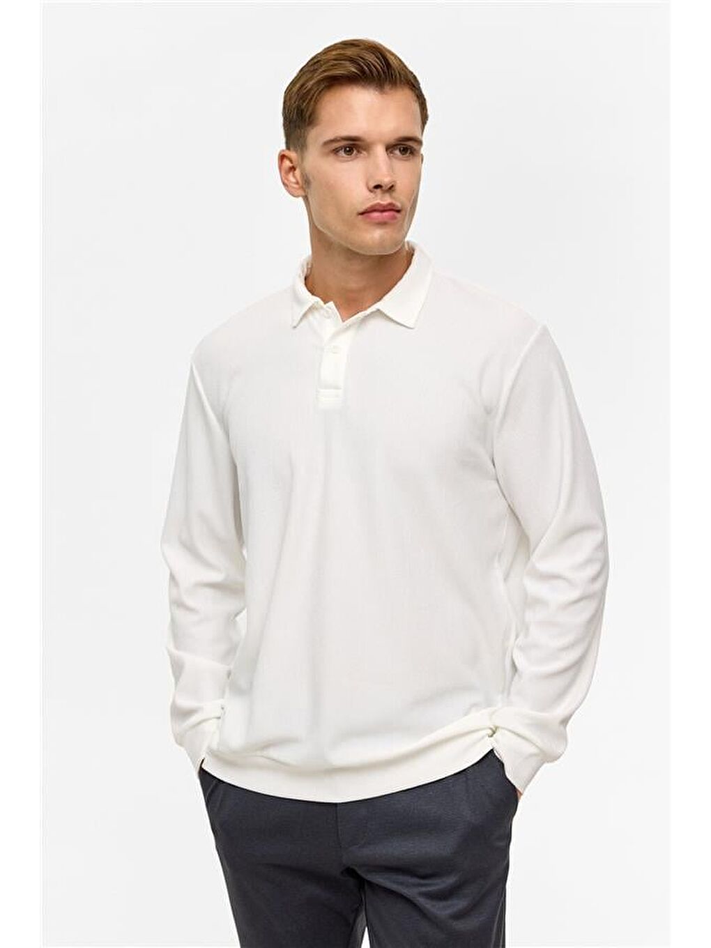 Beyaz Regular Düz Polo Yaka Sweatshirt