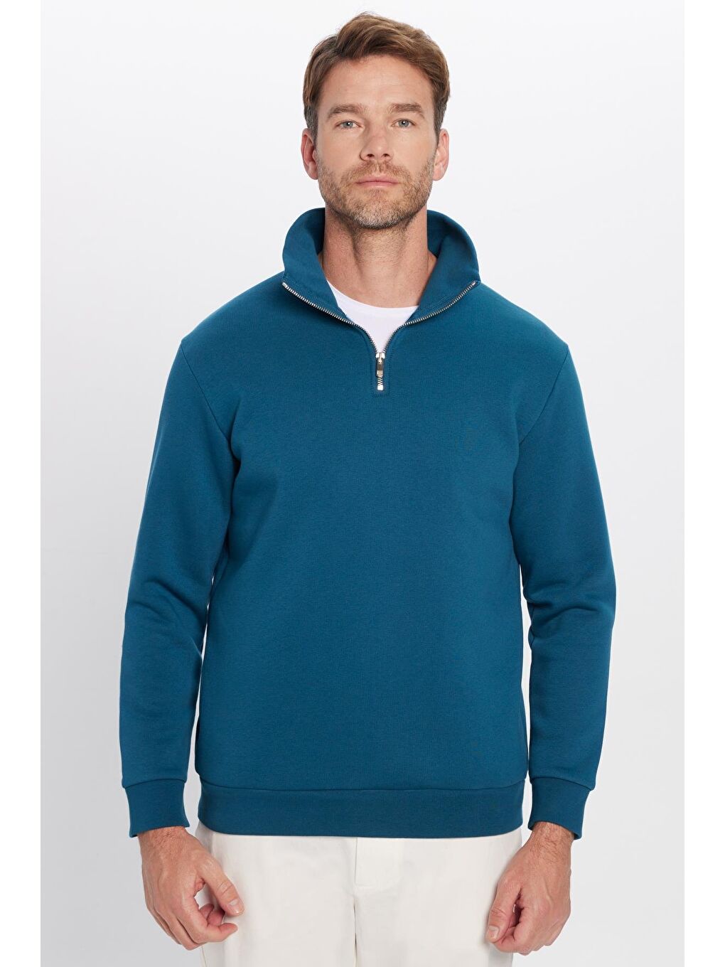 Unisex Relax Fit Rahat Kesim Pamuklu İçi Polarlı Yarım Fermuarlı İndigo Dik Yaka Sweatshirt-3