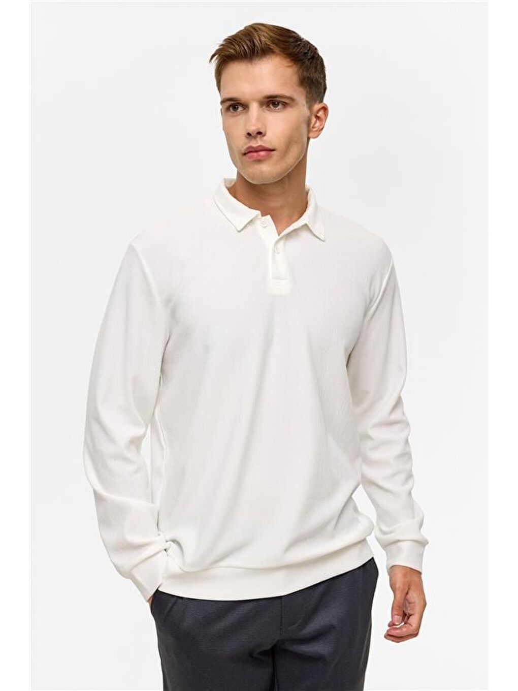 Beyaz Regular Düz Polo Yaka Sweatshirt-1