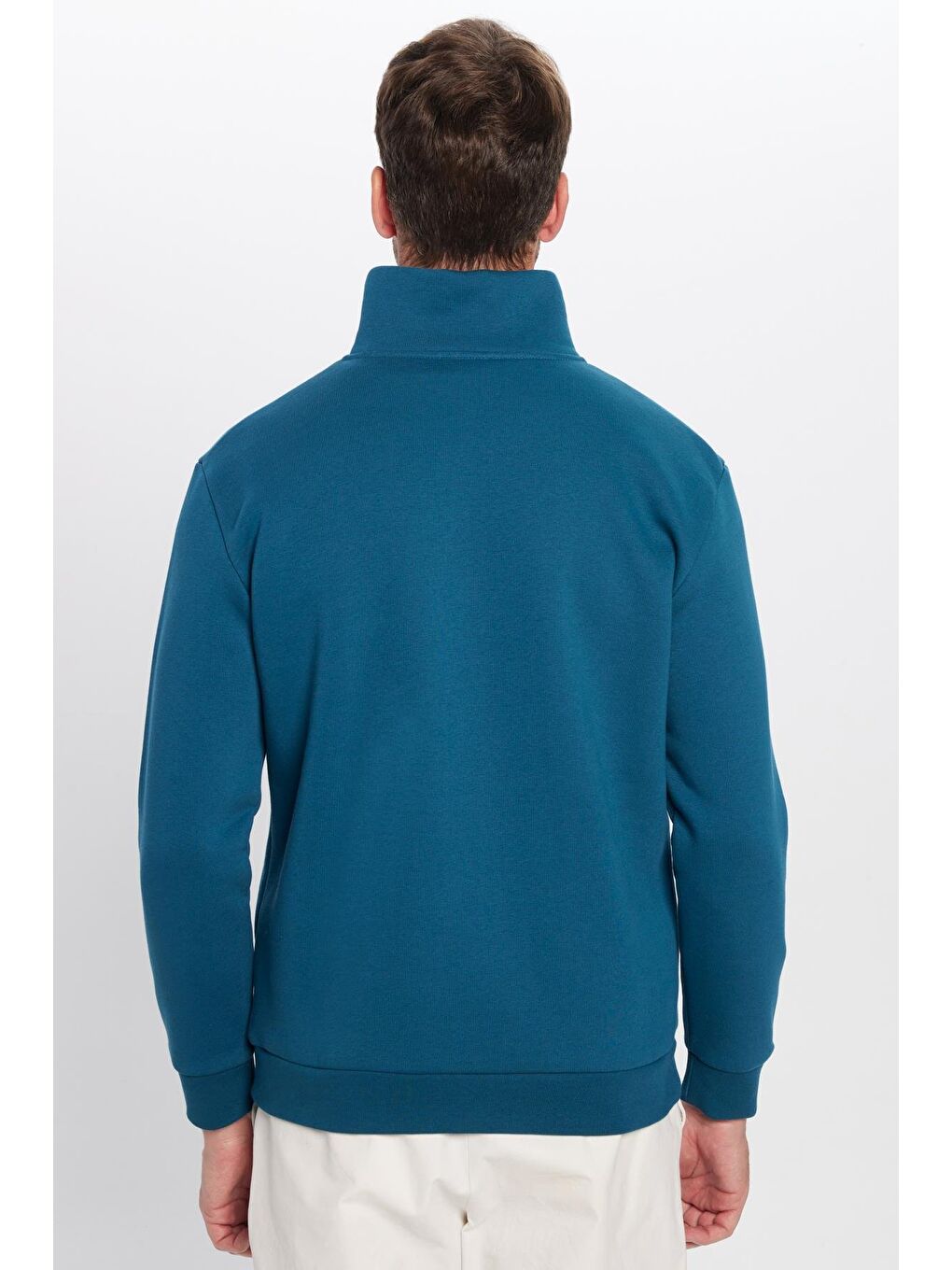 Unisex Relax Fit Rahat Kesim Pamuklu İçi Polarlı Yarım Fermuarlı İndigo Dik Yaka Sweatshirt-5