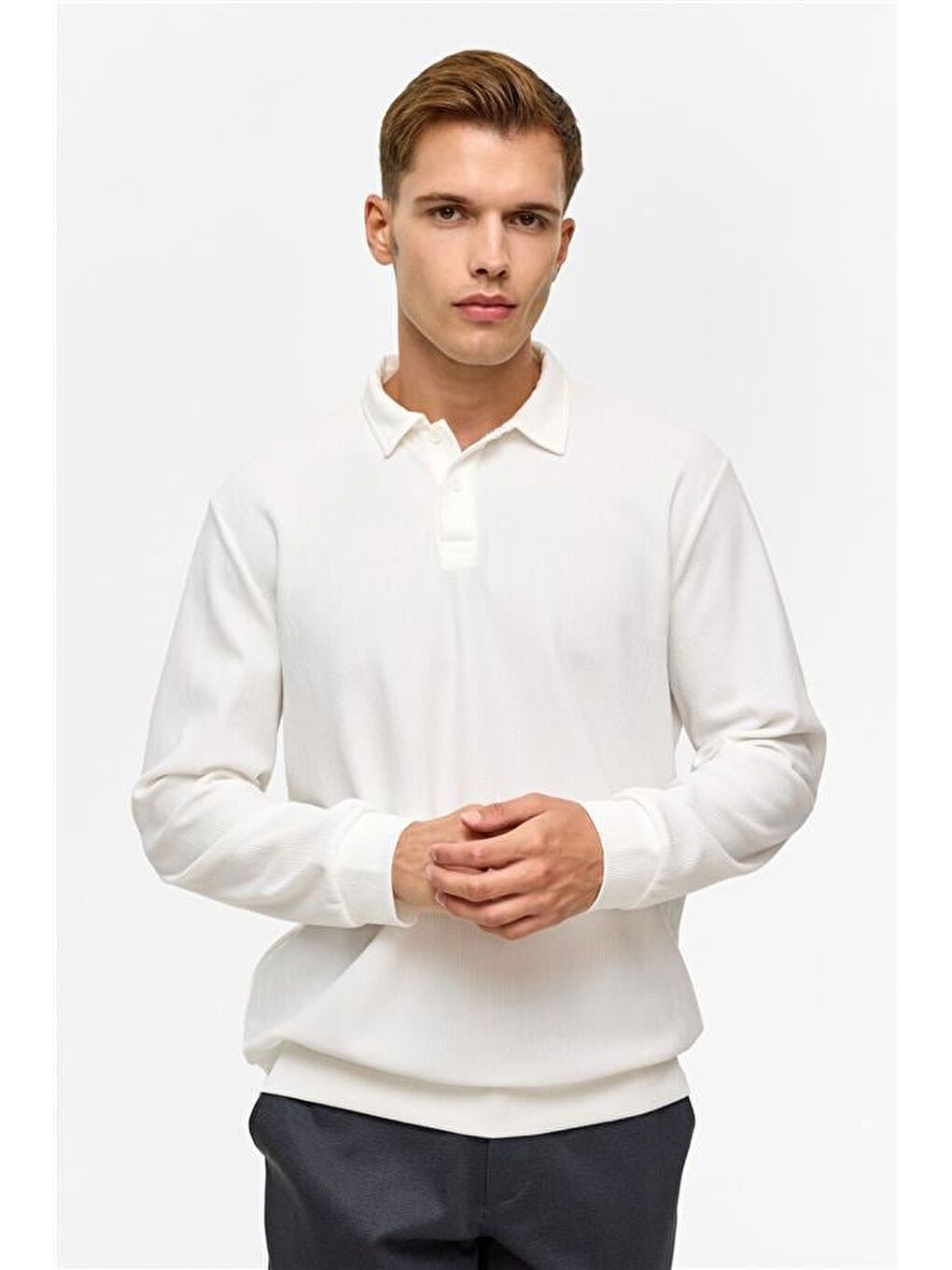 Beyaz Regular Düz Polo Yaka Sweatshirt-2