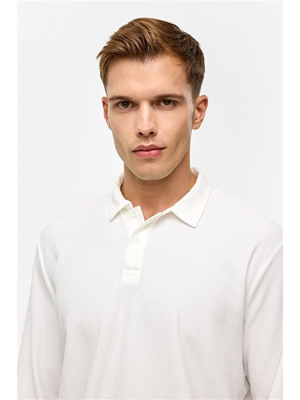 Beyaz Regular Düz Polo Yaka Sweatshirt-3