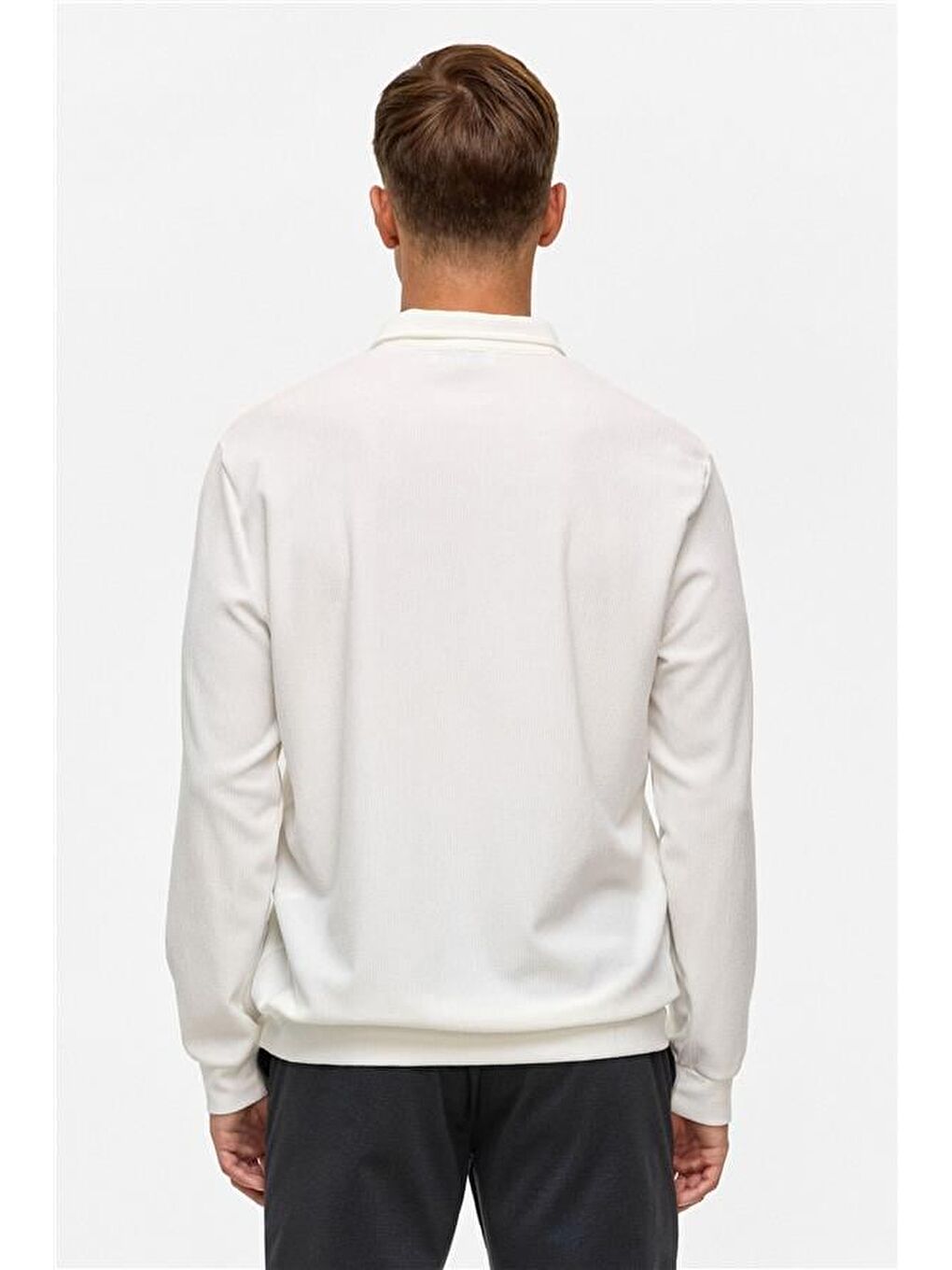 Beyaz Regular Düz Polo Yaka Sweatshirt-4