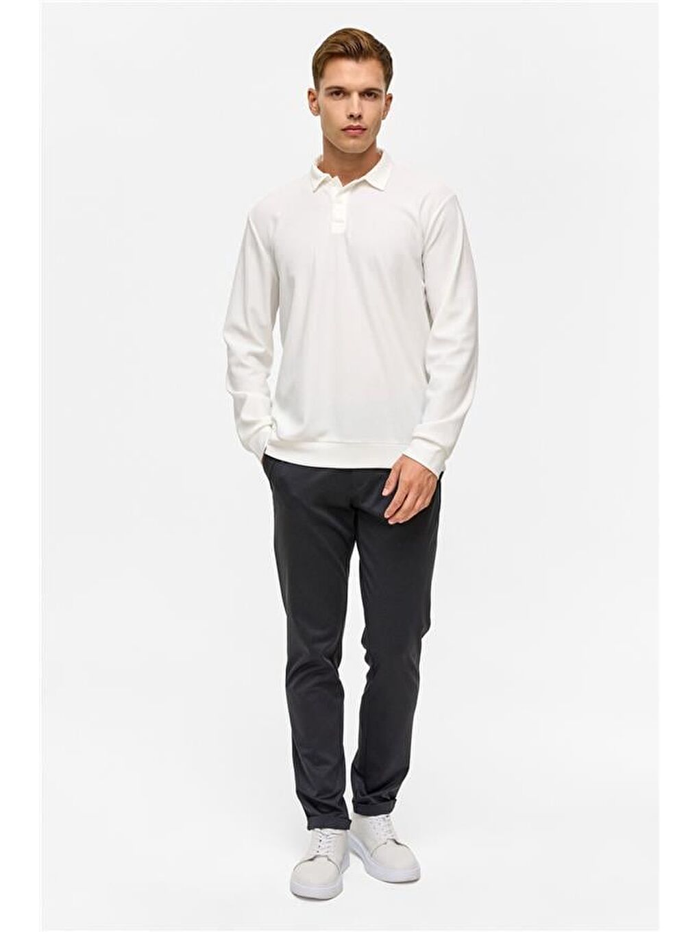Beyaz Regular Düz Polo Yaka Sweatshirt-7