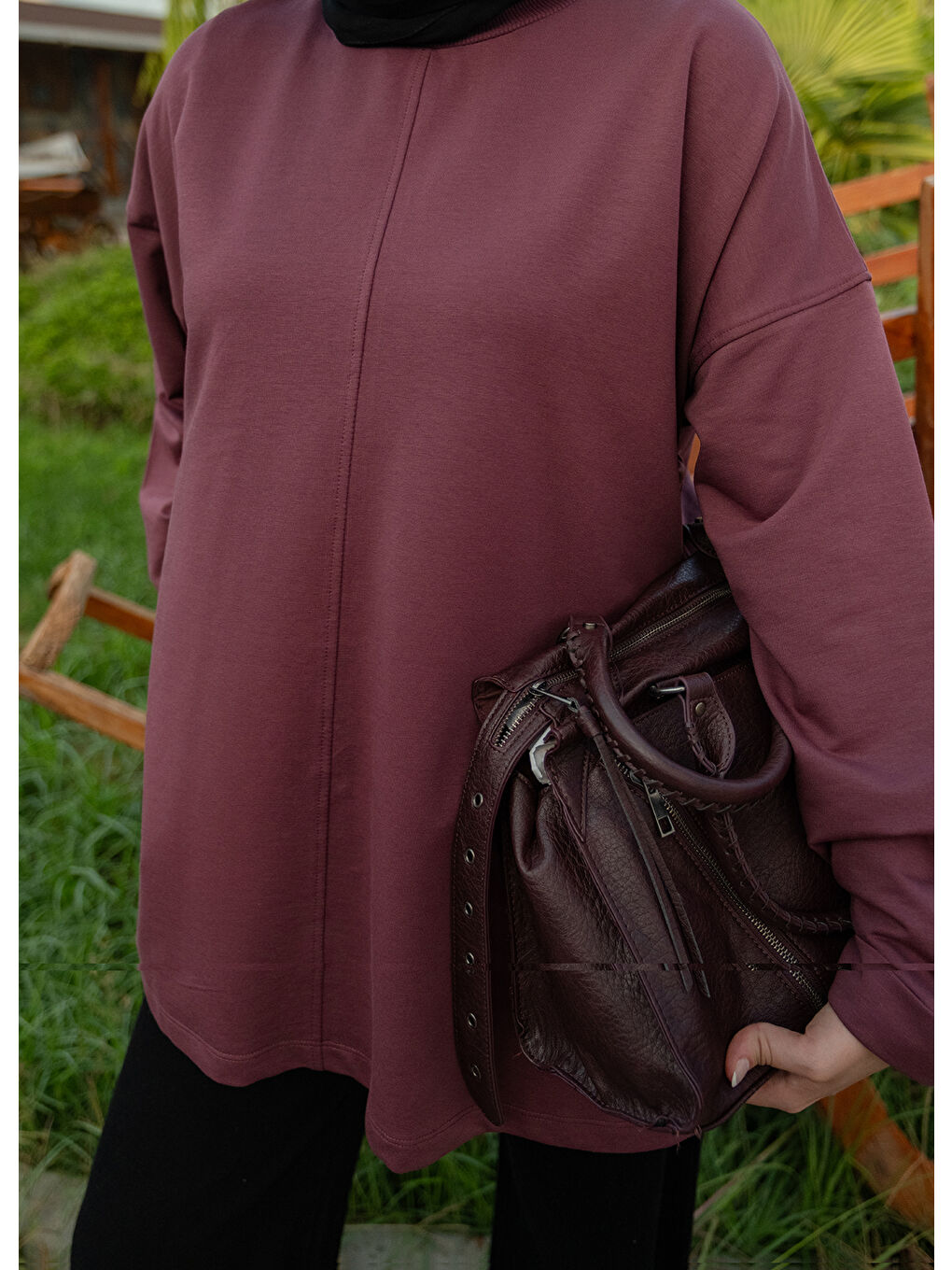 Mor Kadın Dikiş Detaylı Yırtmaçlı Tunik Vişne Çürüğü-4