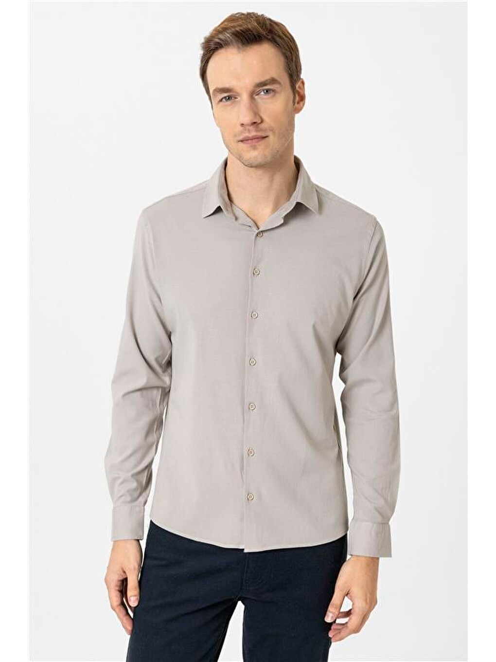 Ekru Slim Düz Klasik Yaka Gömlek-1