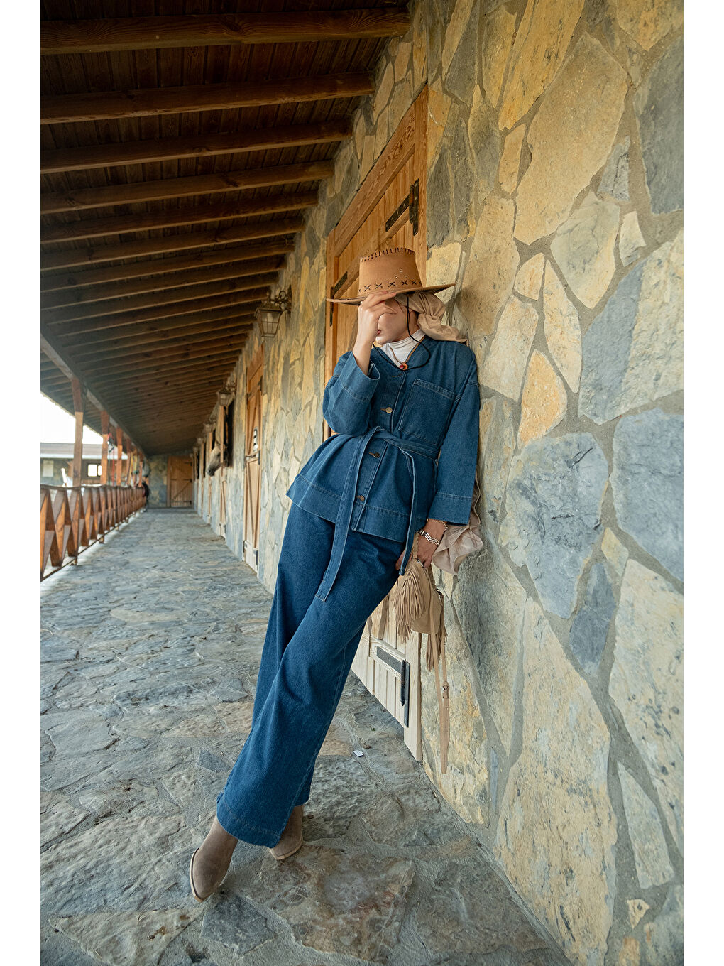 Kadın Kemerli Jean Takım Koyu Mavi-4