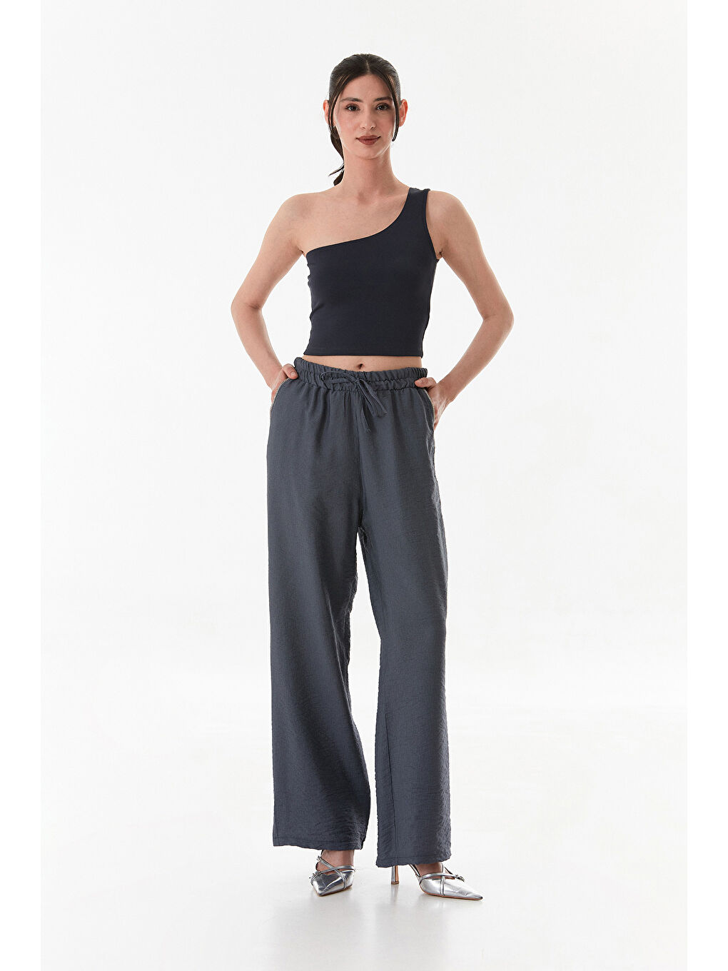 Antrasit Cebi Taş Detaylı Beli Lastikli Palazzo Pantolon