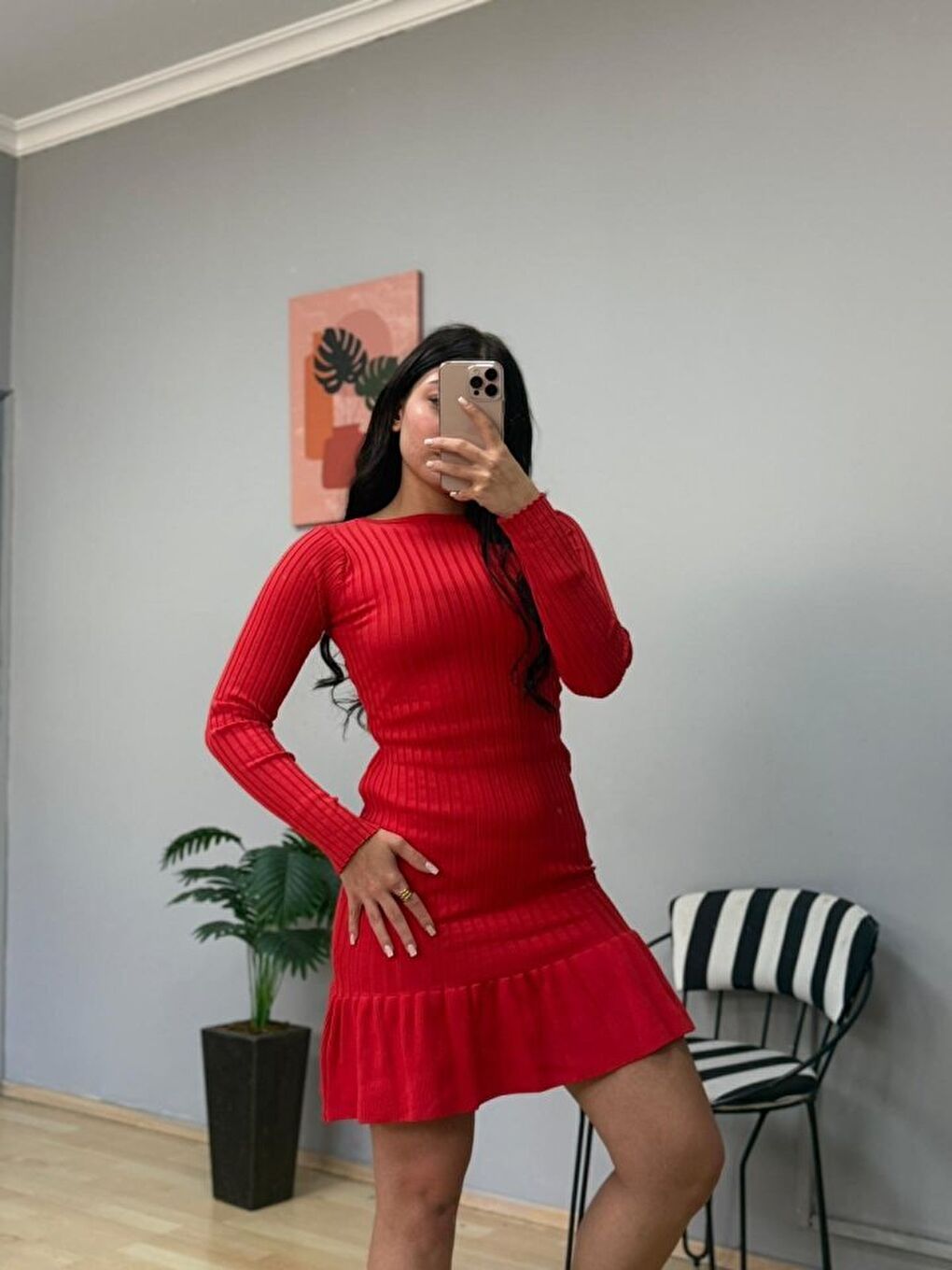 Kırmızı Kadın Bisiklet Yaka Uzun Kol Etek Ucu Fırfırlı Triko (polyenit) Mini Boy Elbise