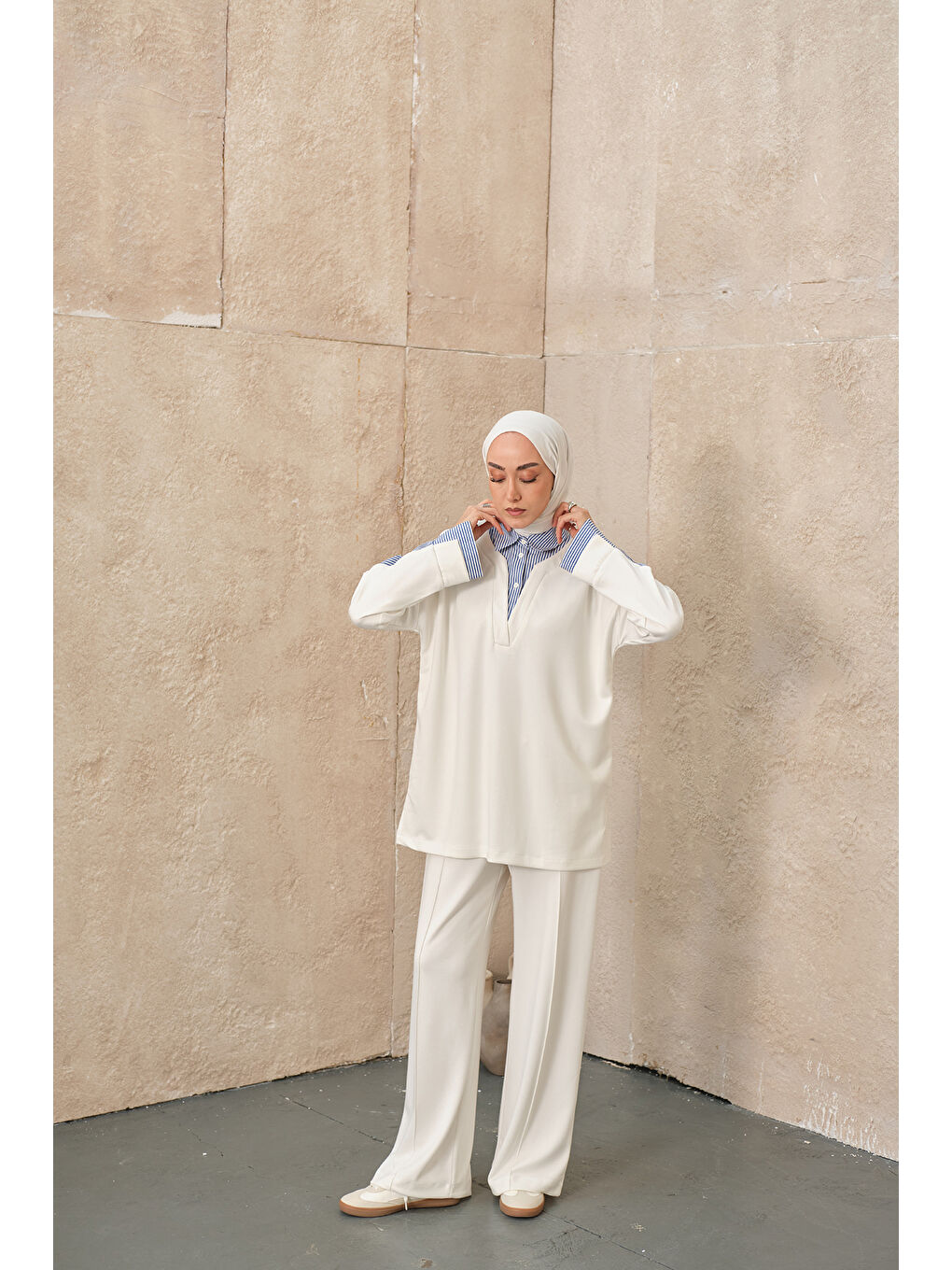 Kadın Gömlek Yaka İkili Takım Beyaz