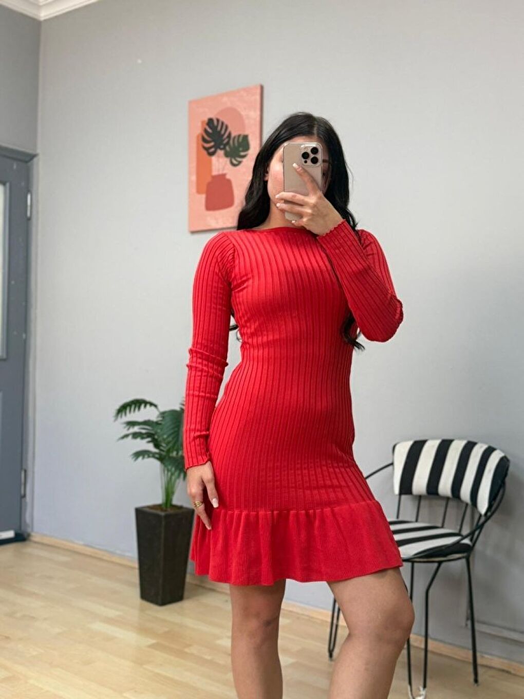 Kırmızı Kadın Bisiklet Yaka Uzun Kol Etek Ucu Fırfırlı Triko (polyenit) Mini Boy Elbise-2