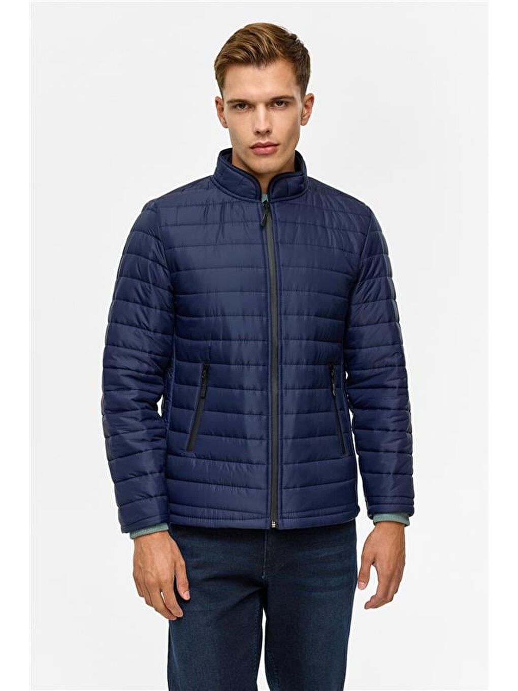 Lacivert Slim Kapitone Şişme Mont