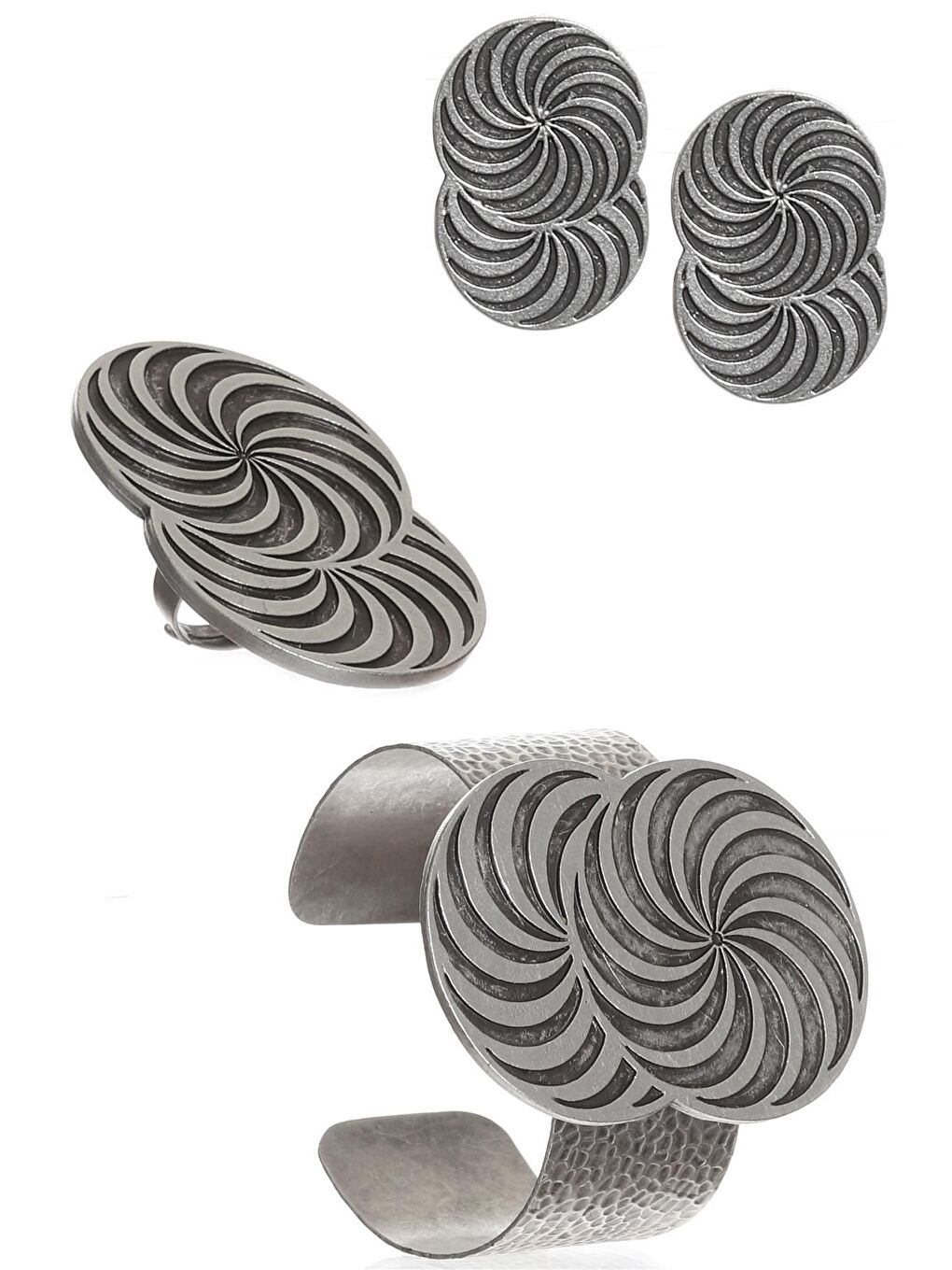 Gri Kadın Antik Gümüş Kaplama Spiral Baskılı Tasarım Küpe &Yüzük &Bilekik Set