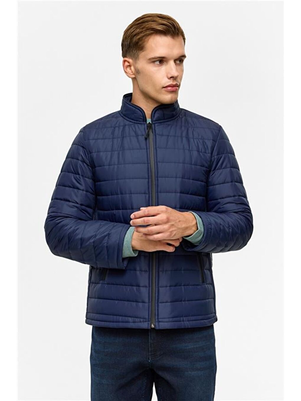 Lacivert Slim Kapitone Şişme Mont-1