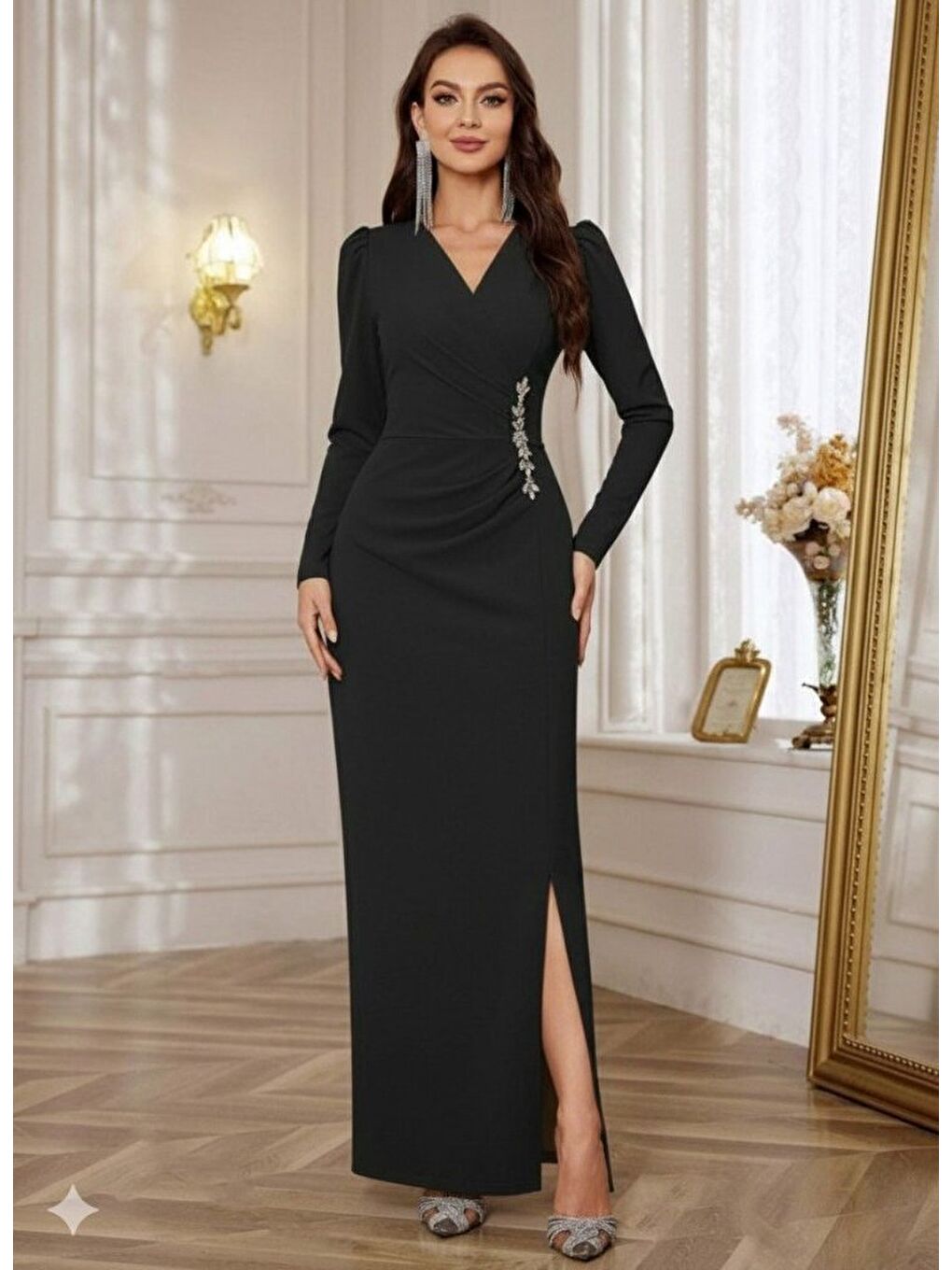 Siyah Kadın Uzun Kollu Kruvaze Yakalı Yanları Taşlı Yırtmaçlı Uzun Ithal Krep Elbise-3