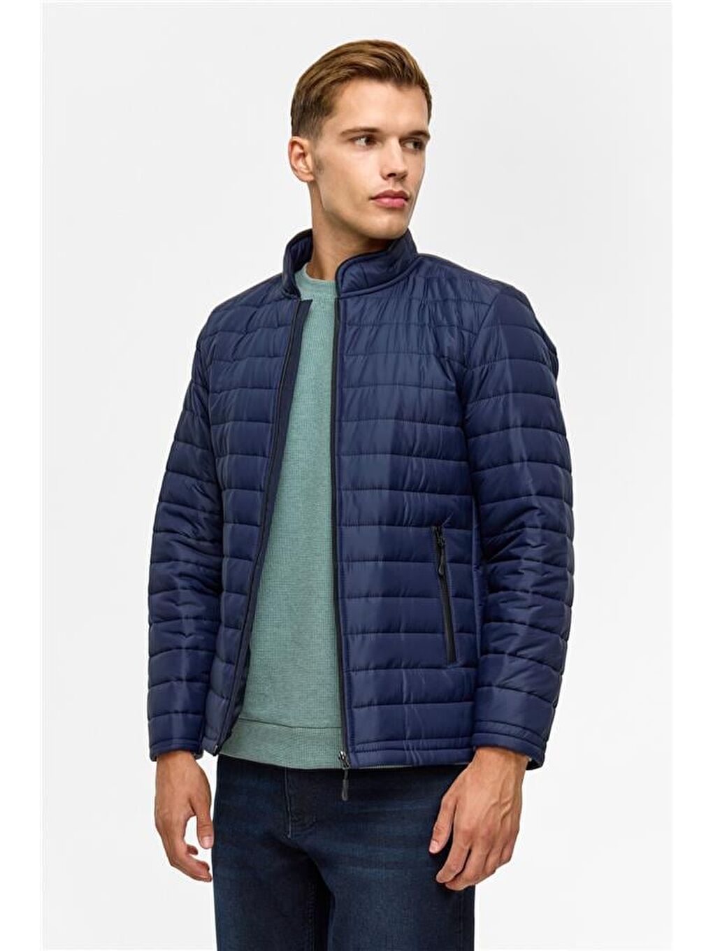 Lacivert Slim Kapitone Şişme Mont-2