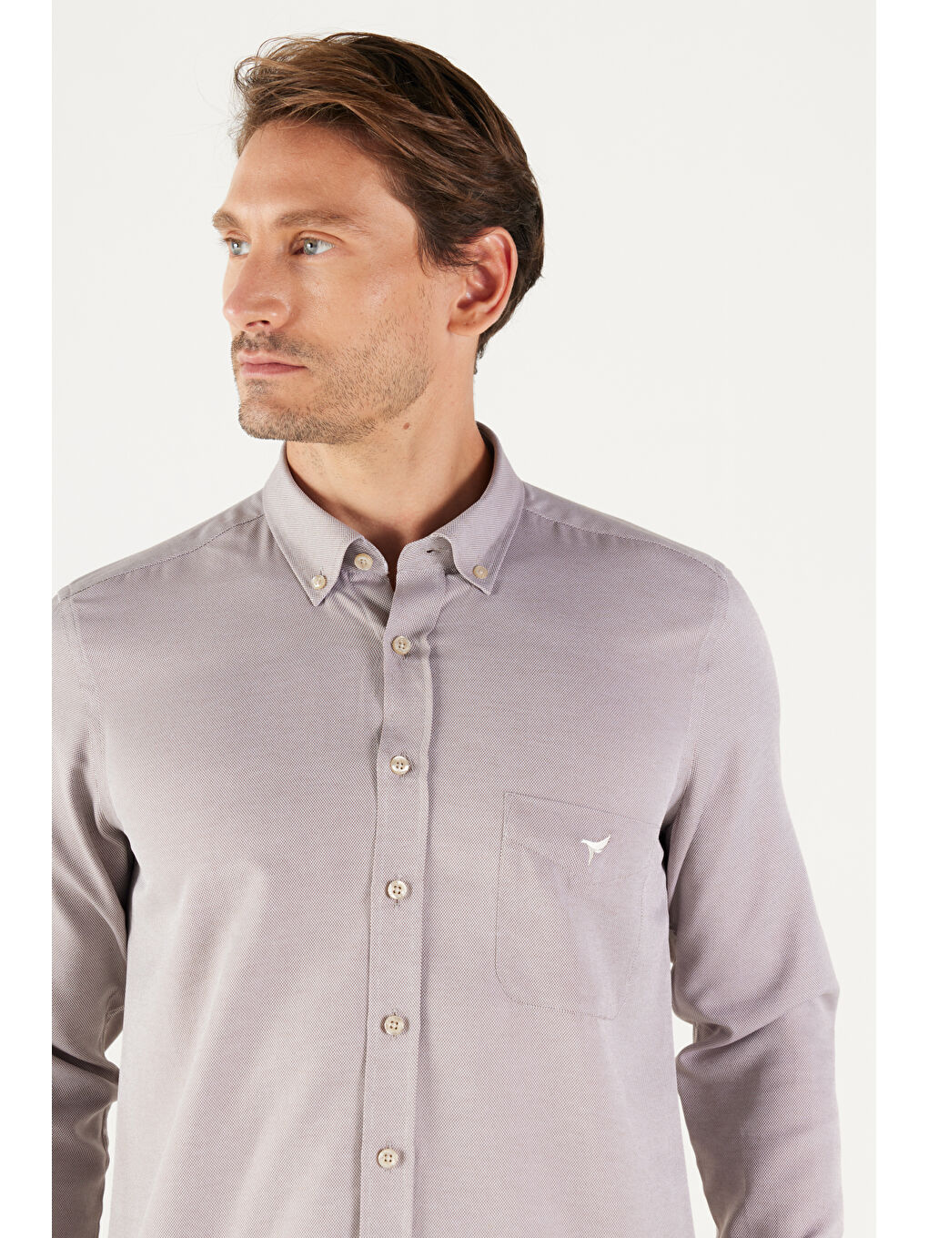 Erkek Kahverengi Slim Fit Dar Kesim Düğmeli Yaka Pamuklu Oxford Gömlek-1