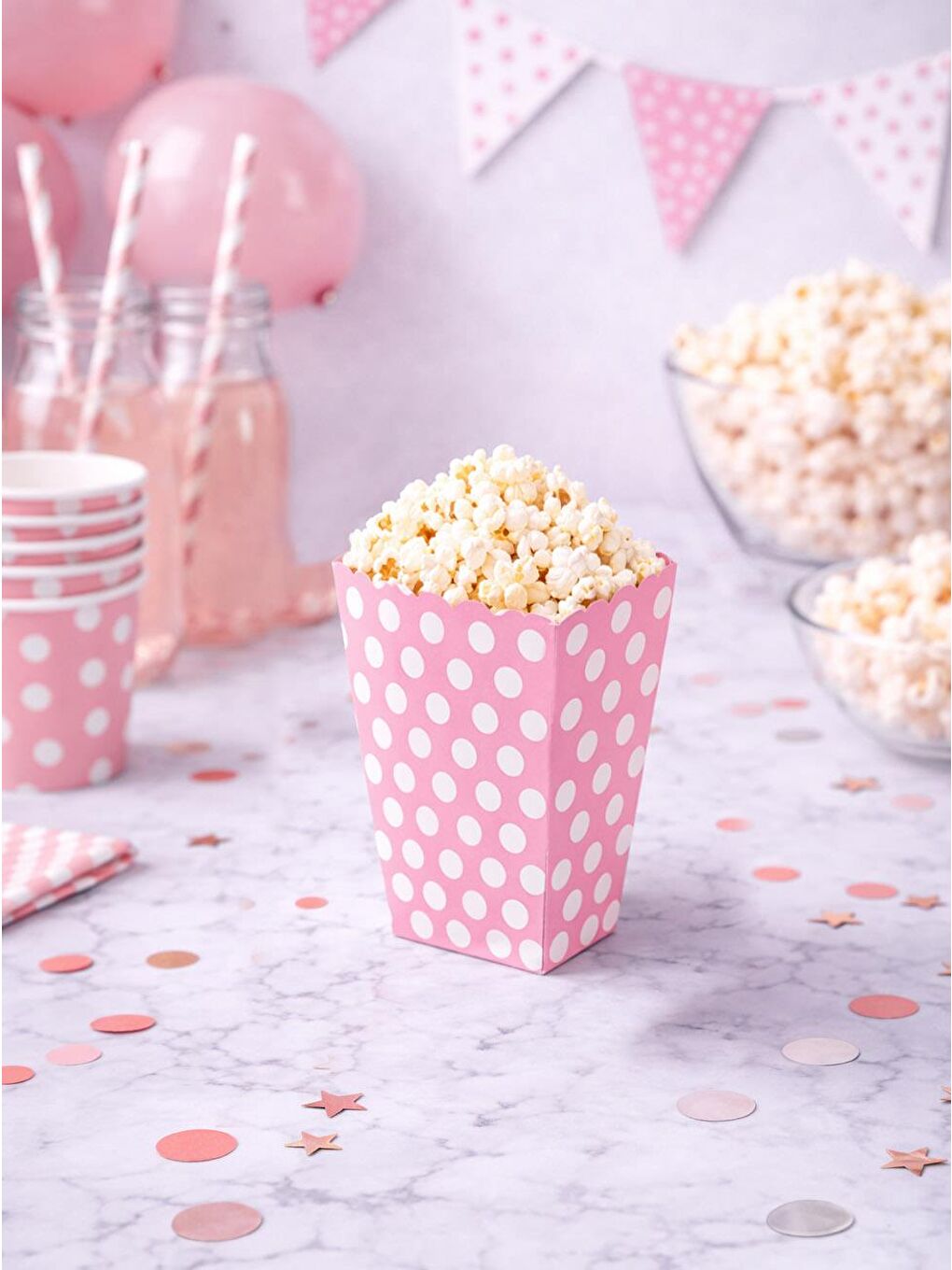 Puantiyeli Patlamış Mısır Kutusu Popcorn Kutusu Pembe 8'li