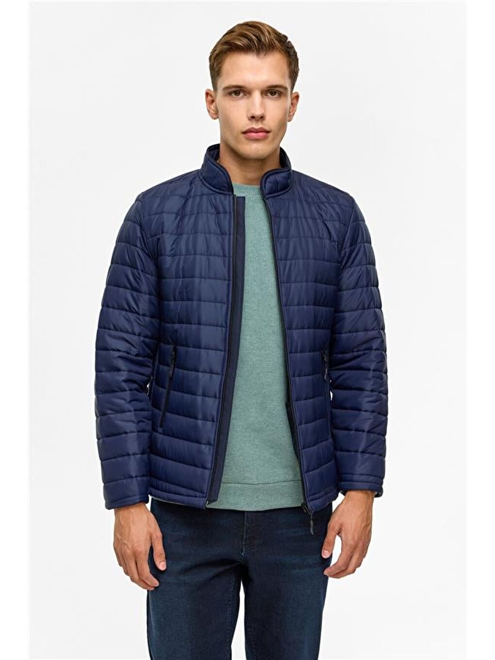 Lacivert Slim Kapitone Şişme Mont-3