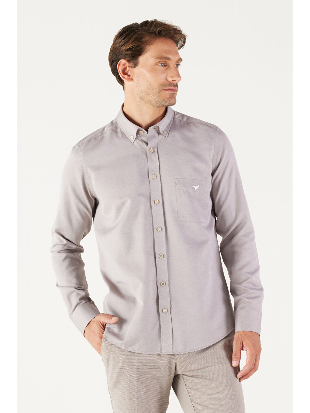 Erkek Kahverengi Slim Fit Dar Kesim Düğmeli Yaka Pamuklu Oxford Gömlek-2