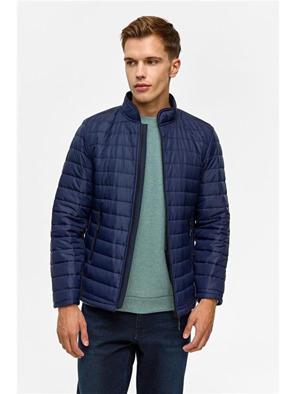 Lacivert Slim Kapitone Şişme Mont-4