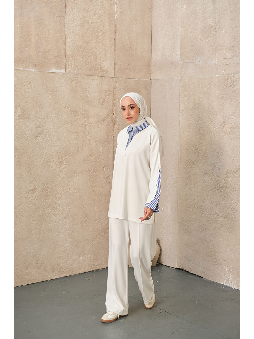 Kadın Gömlek Yaka İkili Takım Beyaz-1