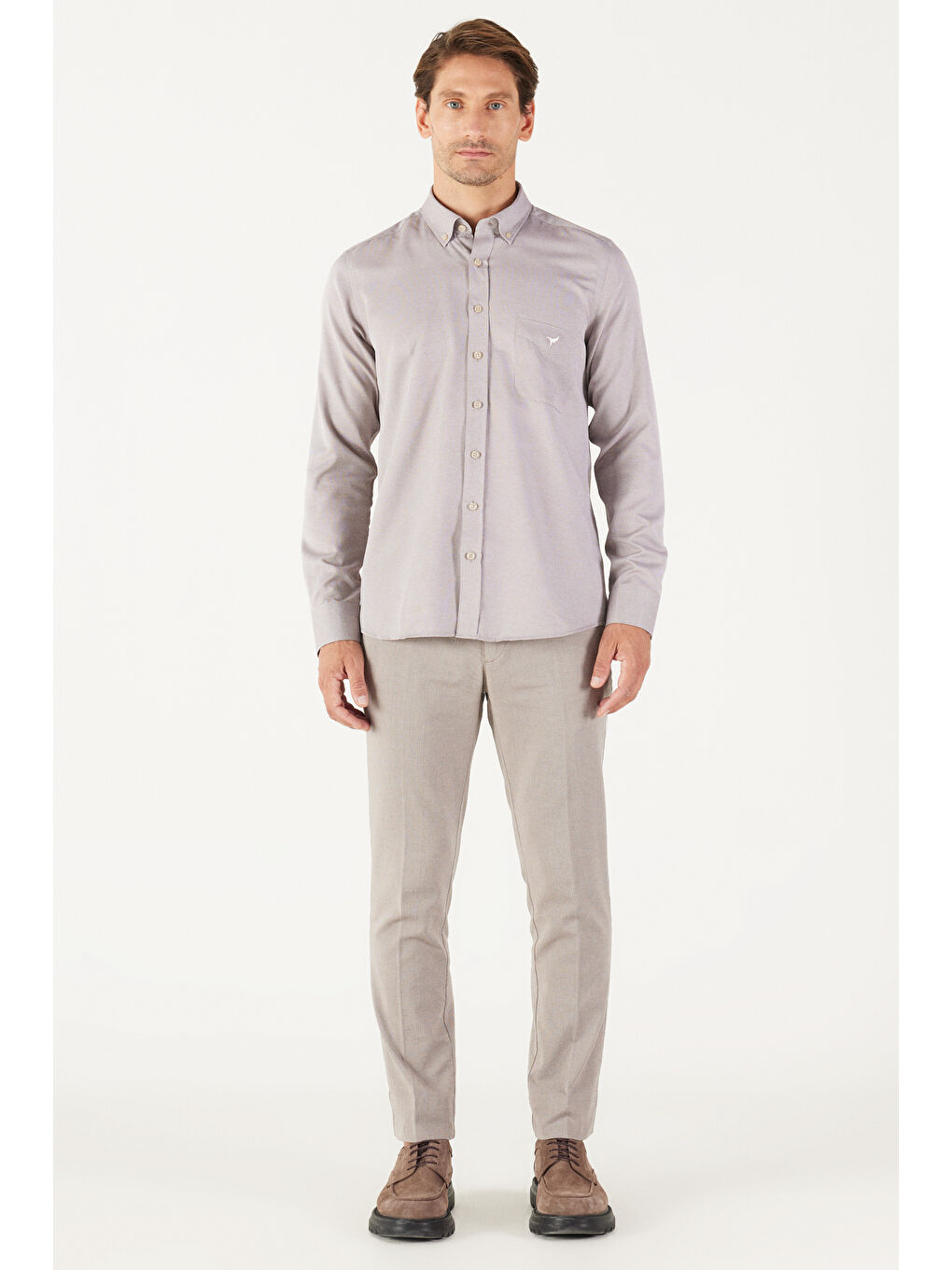 Erkek Kahverengi Slim Fit Dar Kesim Düğmeli Yaka Pamuklu Oxford Gömlek-3