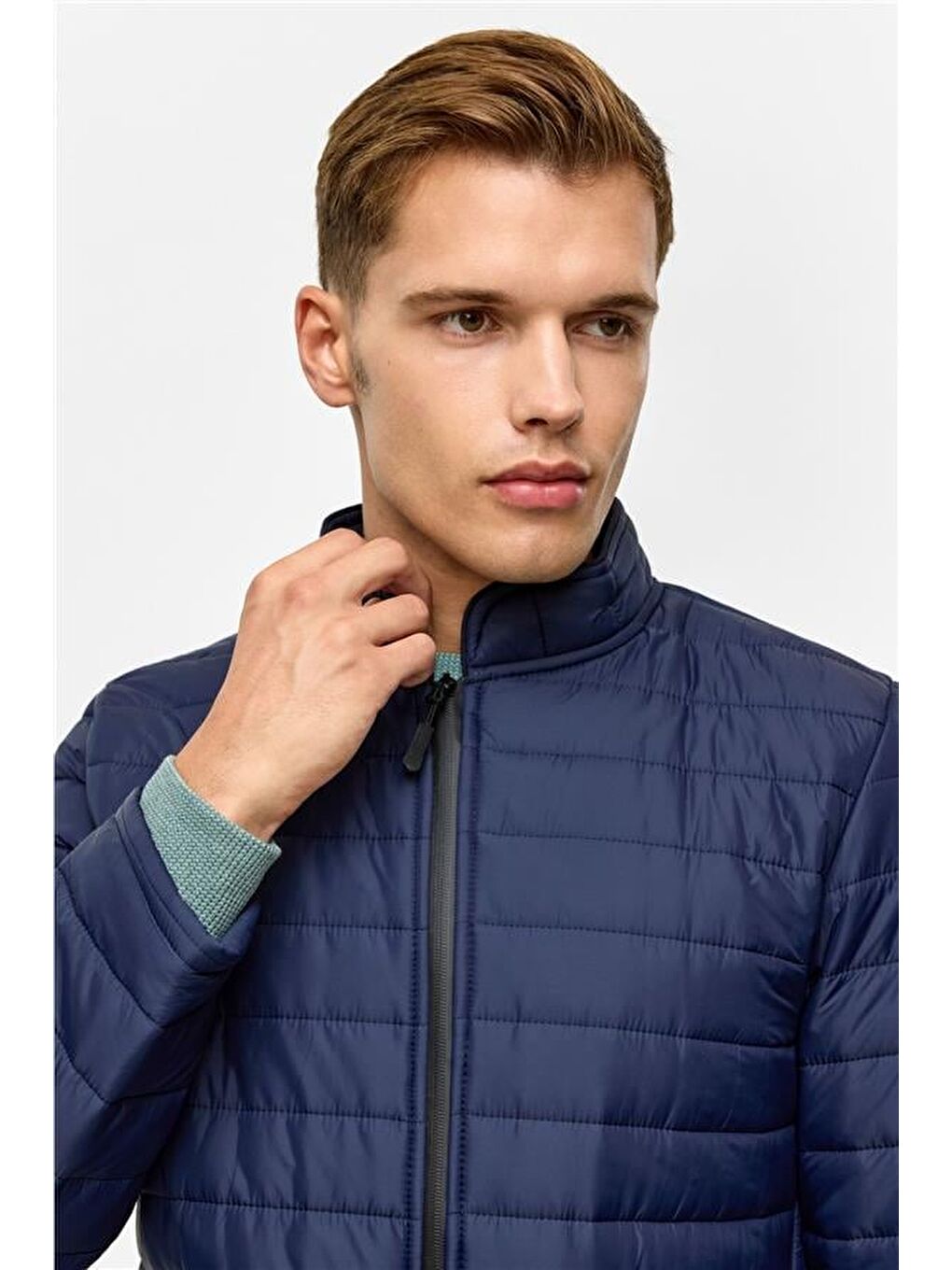 Lacivert Slim Kapitone Şişme Mont-5