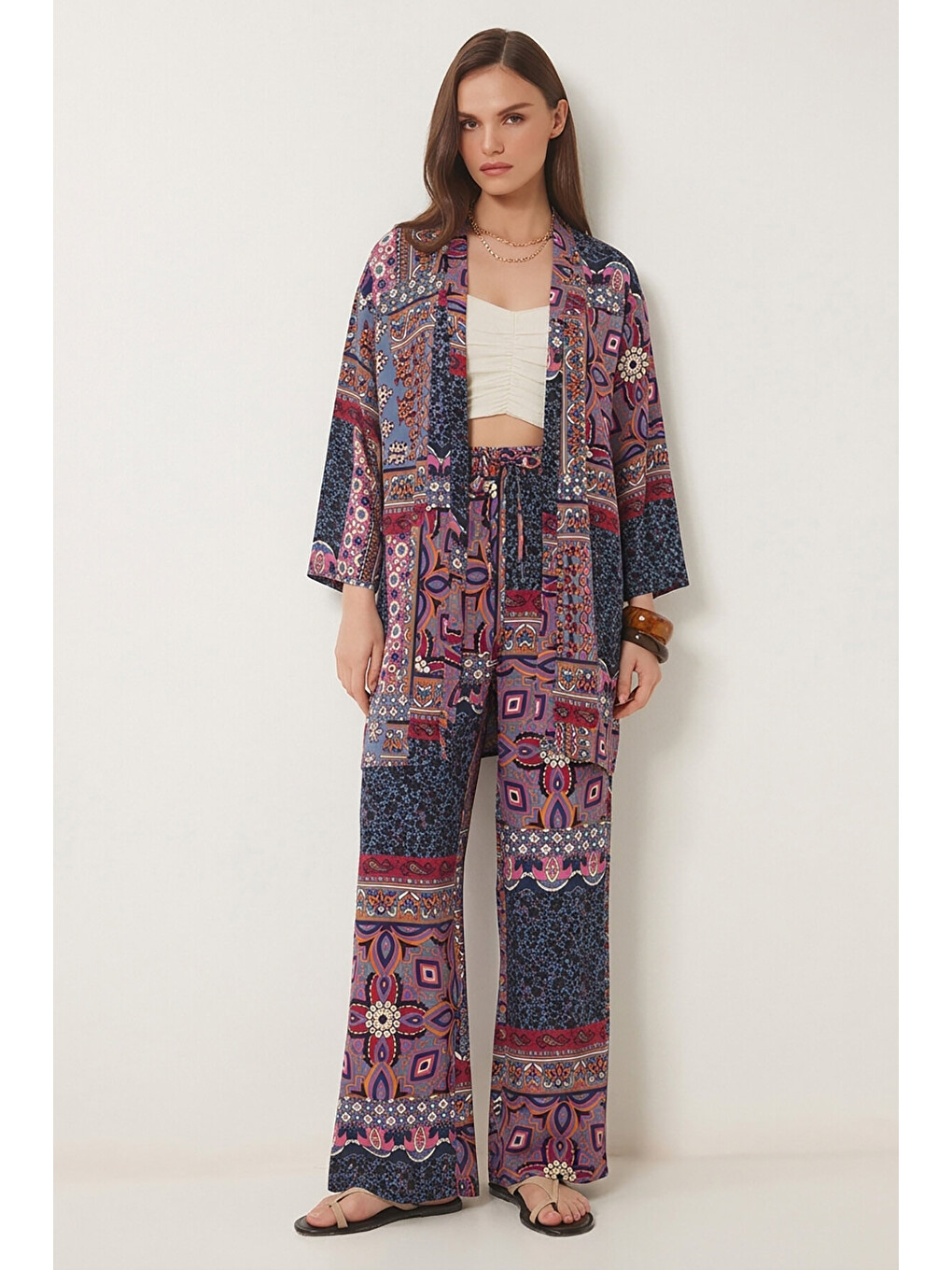 İndigo Desenli Yazlık Viskon Kimono Pantolon Takım İNDİGO MAVİ PEMBE LRN0013-1