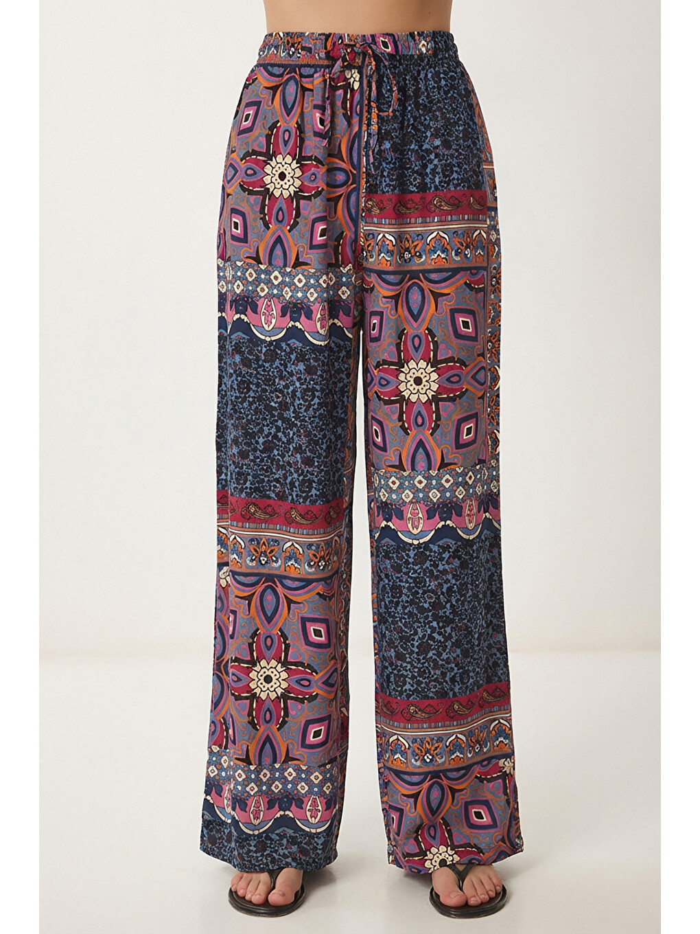 İndigo Desenli Yazlık Viskon Kimono Pantolon Takım İNDİGO MAVİ PEMBE LRN0013-2