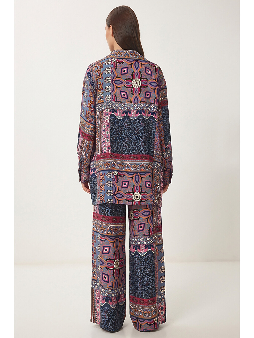 İndigo Desenli Yazlık Viskon Kimono Pantolon Takım İNDİGO MAVİ PEMBE LRN0013-3