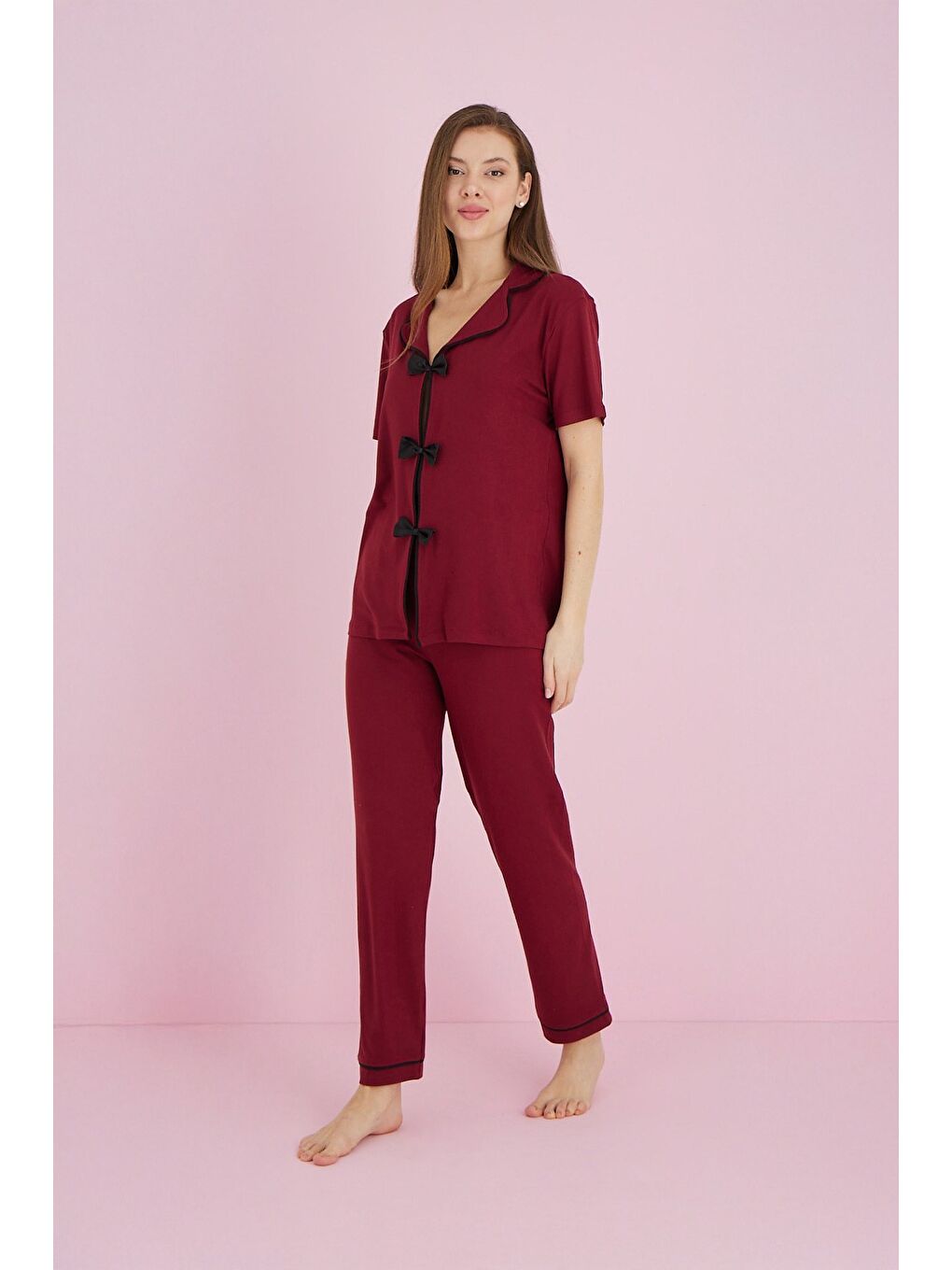 Bordo Fiyonklu Gömlek Yaka Pijama Takımı-1