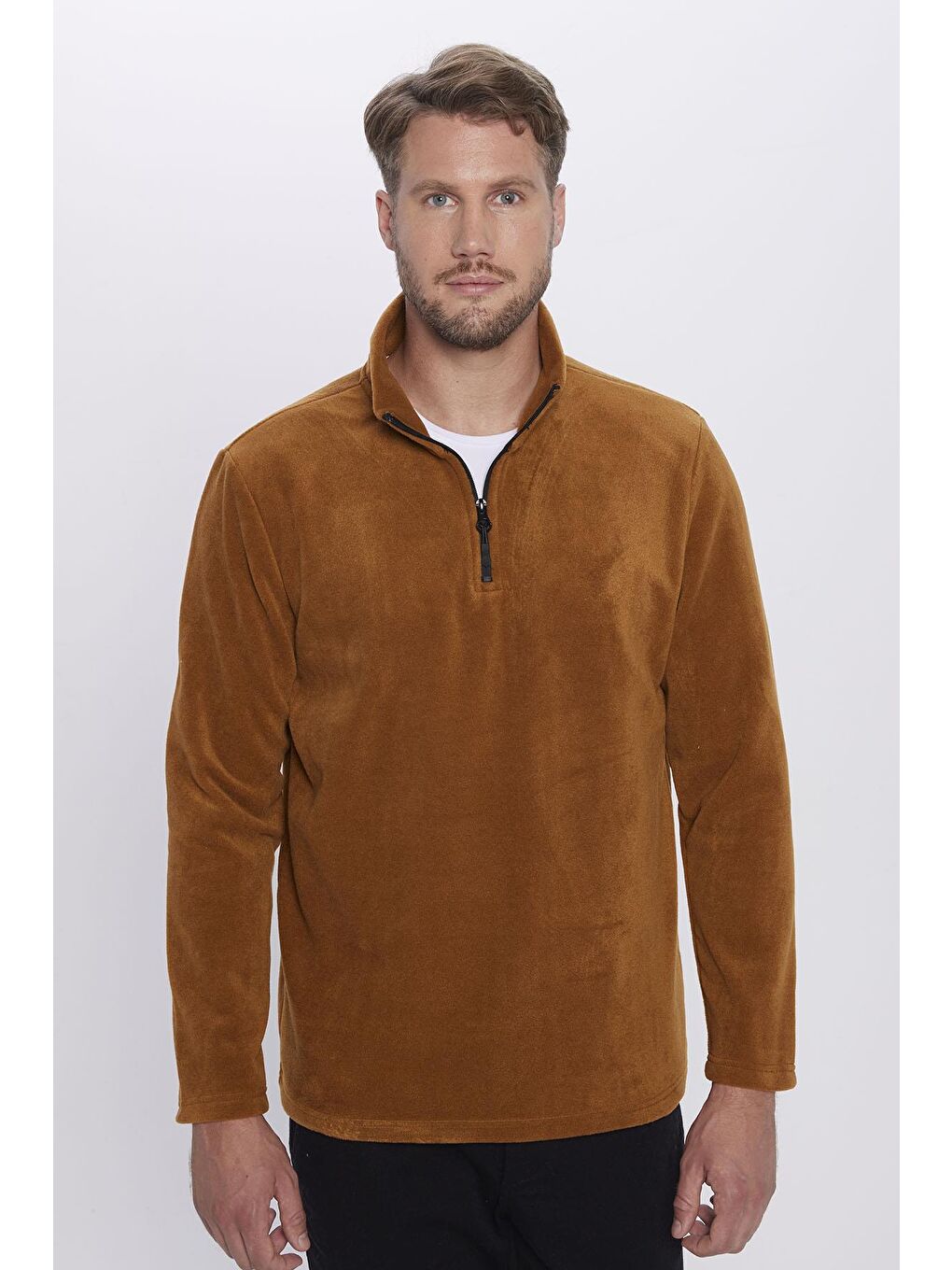 Kahverengi Unisex Standart Fit  Tüylenme Yapmayan Soğuk Geçirmez Kiremit Renk Polar Sweatshirt-1