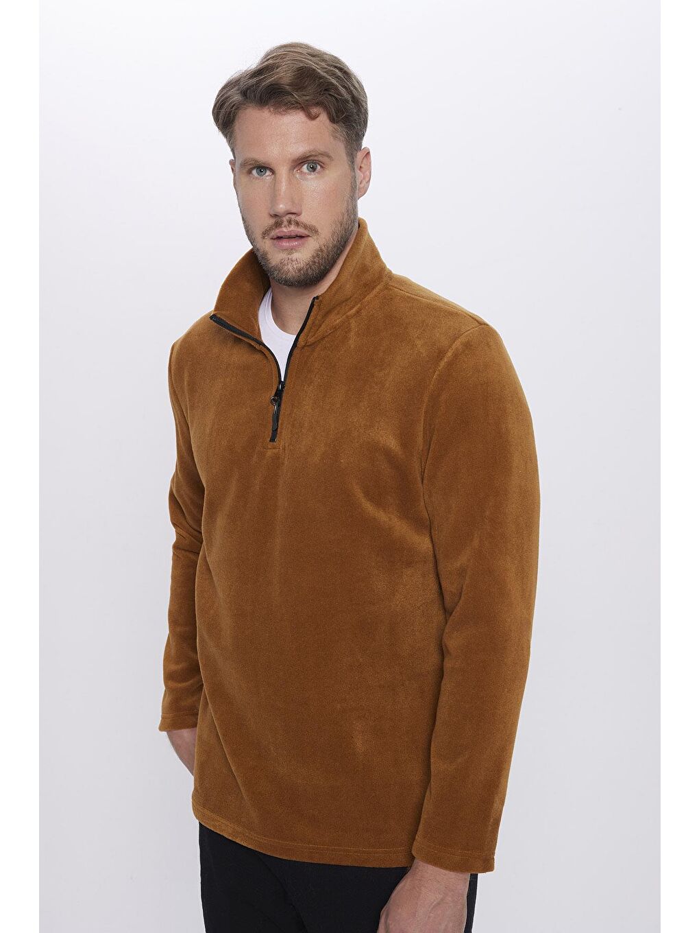Kahverengi Unisex Standart Fit  Tüylenme Yapmayan Soğuk Geçirmez Kiremit Renk Polar Sweatshirt-2