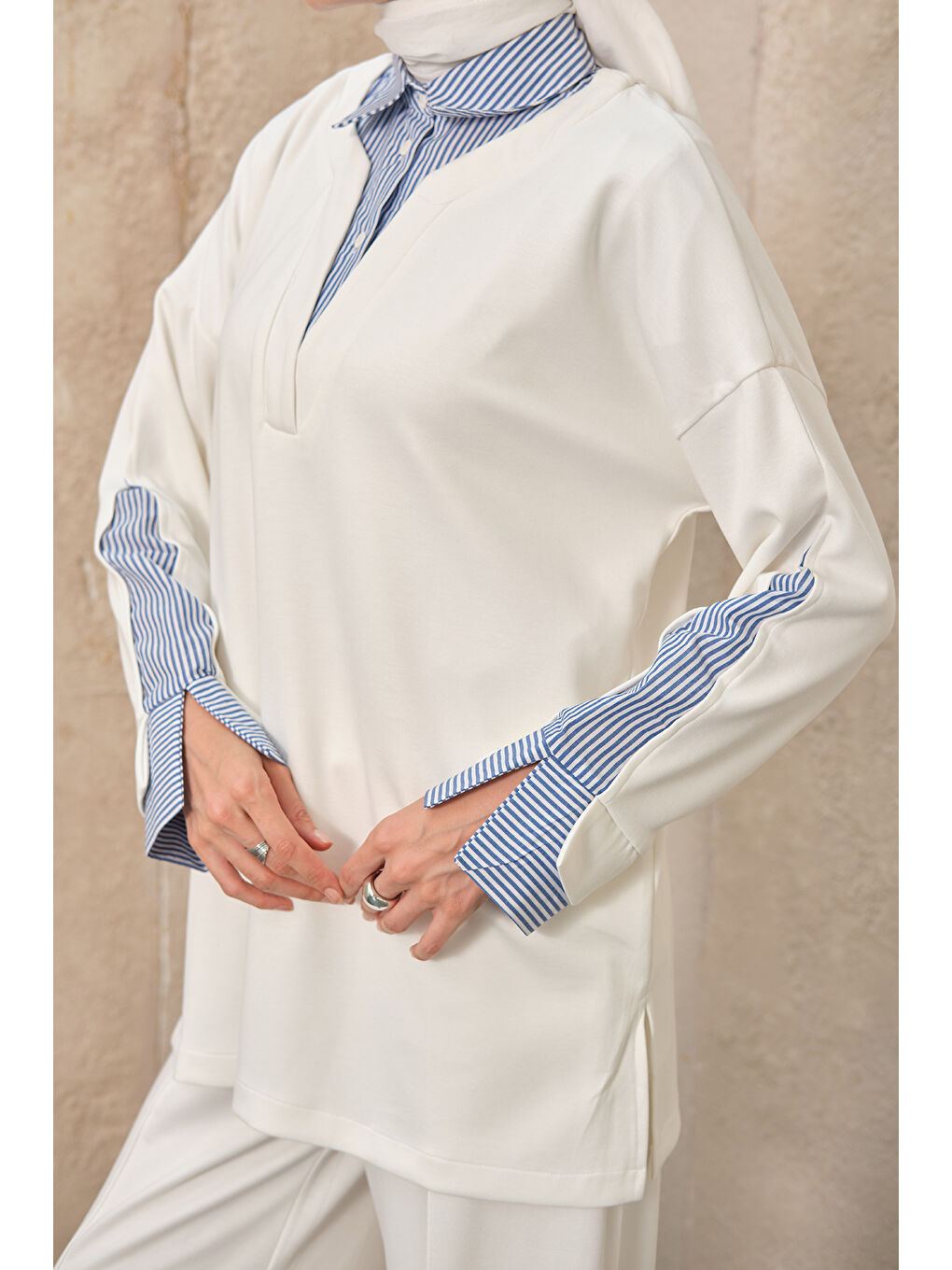 Kadın Gömlek Yaka İkili Takım Beyaz-2