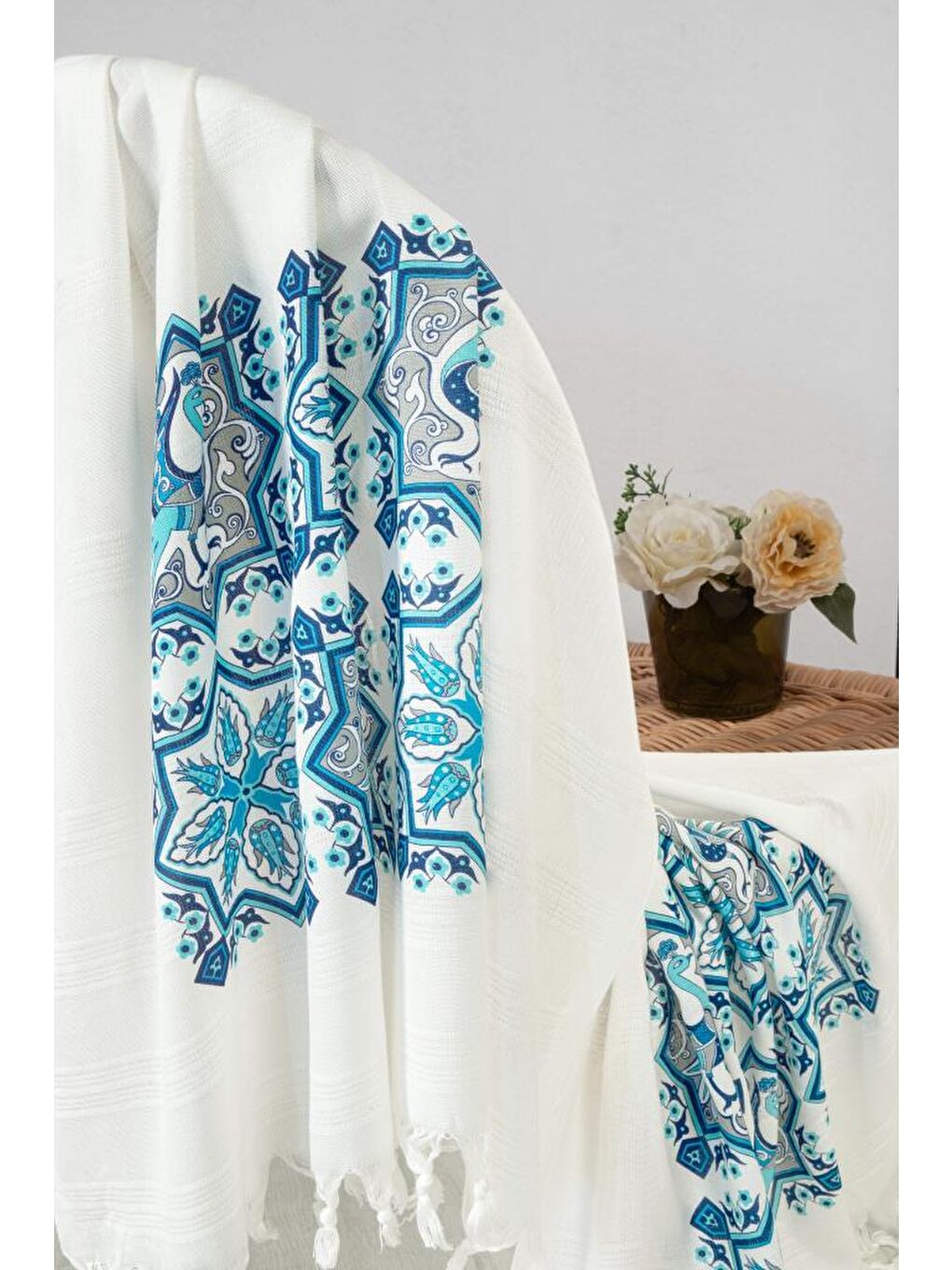 Mavi Bambu Baskılı Peştemal Banyo Havlusu-1