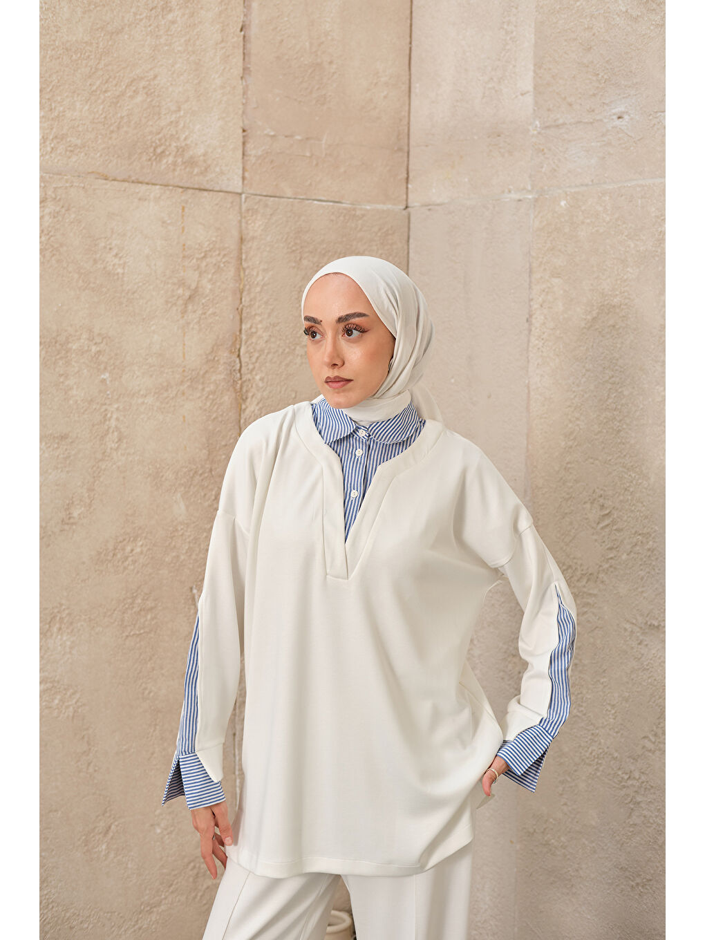 Kadın Gömlek Yaka İkili Takım Beyaz-3