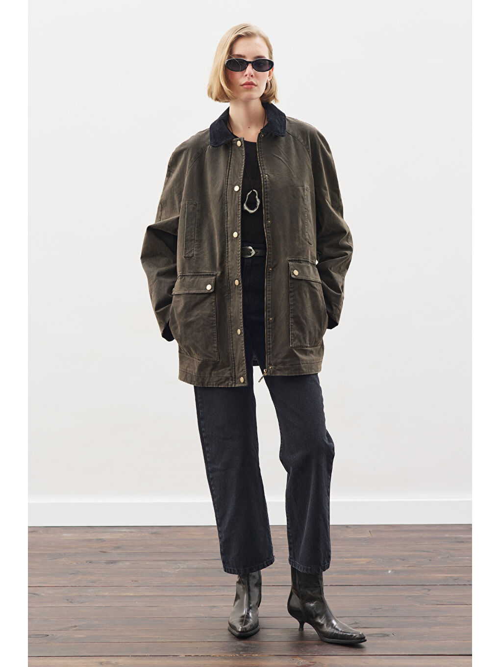 Oversıze Kontrast Yakalı Parka Boz Gri-2